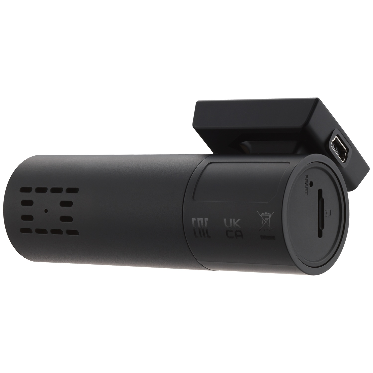 Une dashcam noire avec port USB et emplacement pour carte SD.