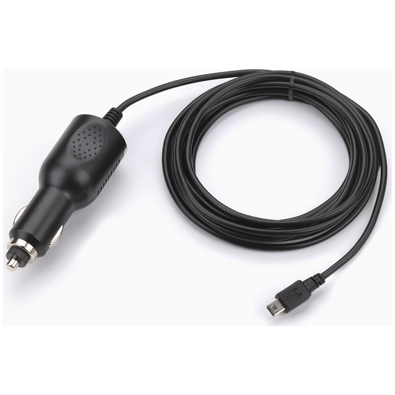 Chargeur de voiture noir avec long câble et connecteur micro USB.