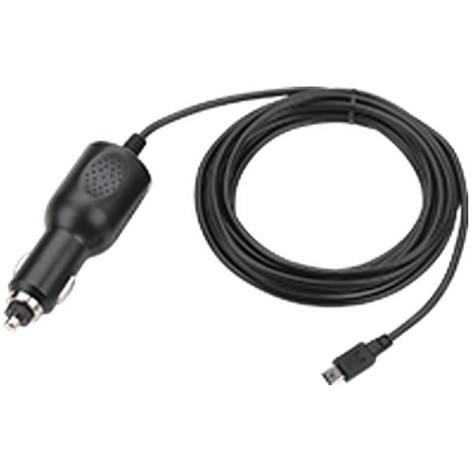 Chargeur de voiture noir avec prise allume-cigare et connecteur micro USB.