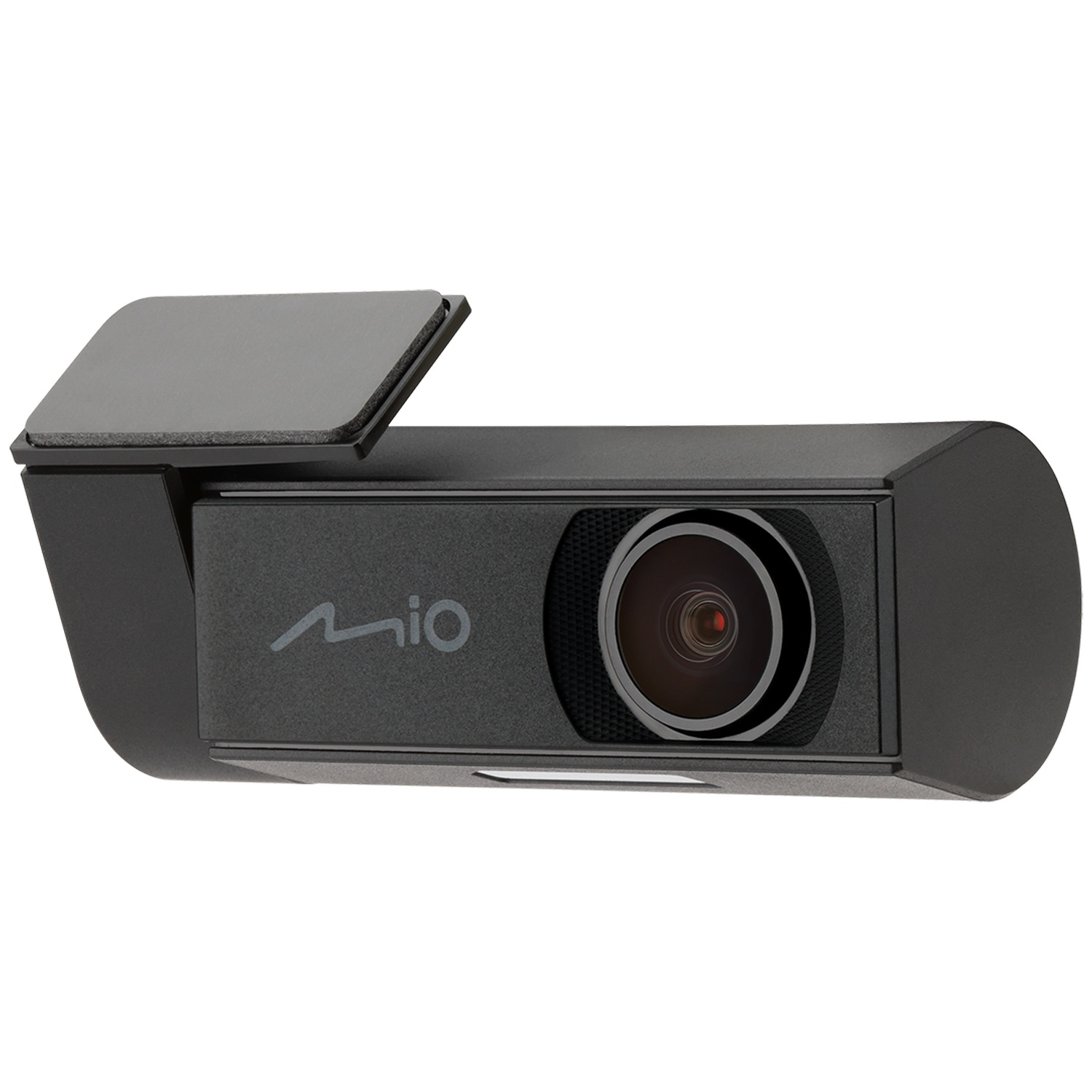 Une dashcam noire avec son cache-objectif ouvert, montrant le logo Mio.
