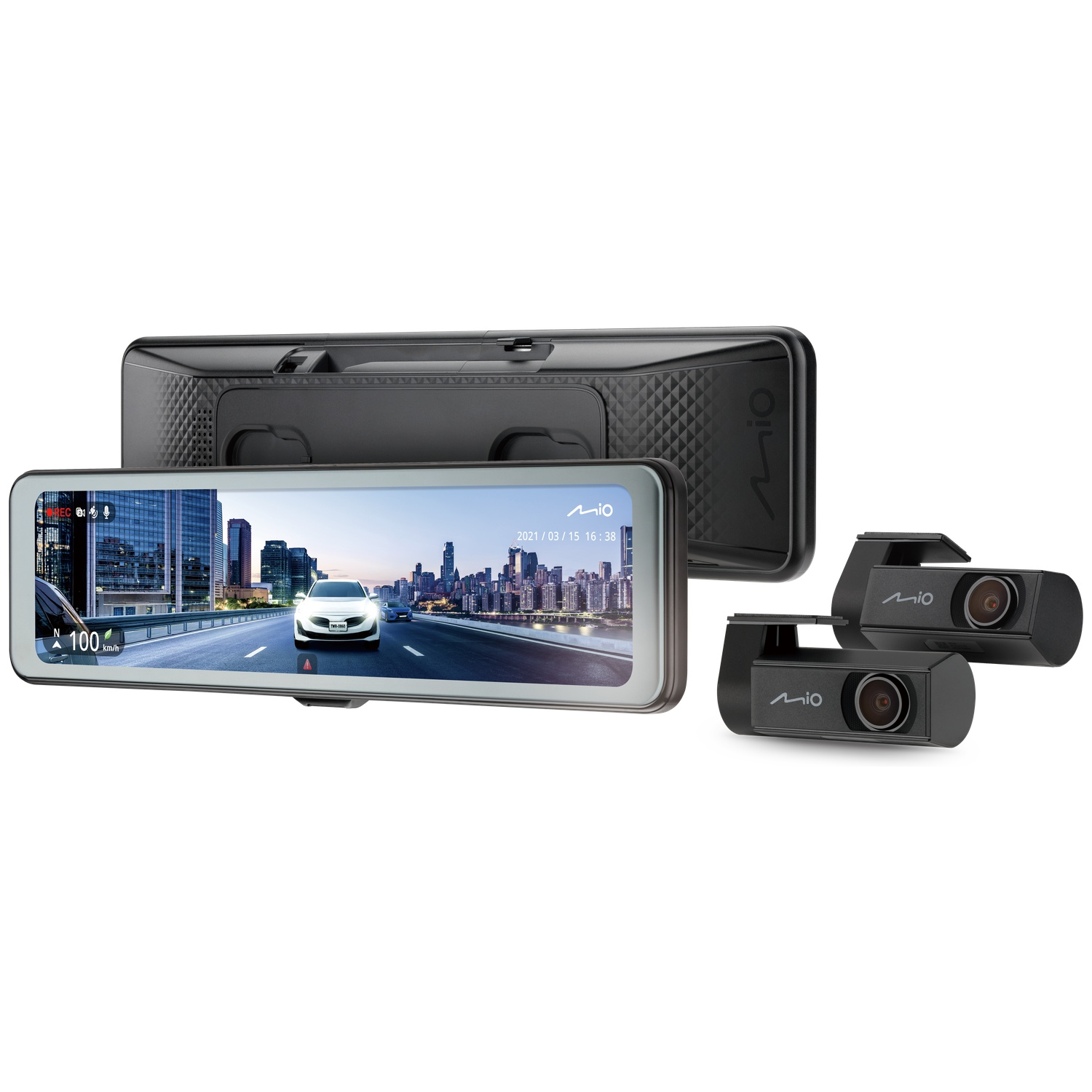 Une dashcam noire en miroir de rétroviseur avec deux caméras et vue ville.