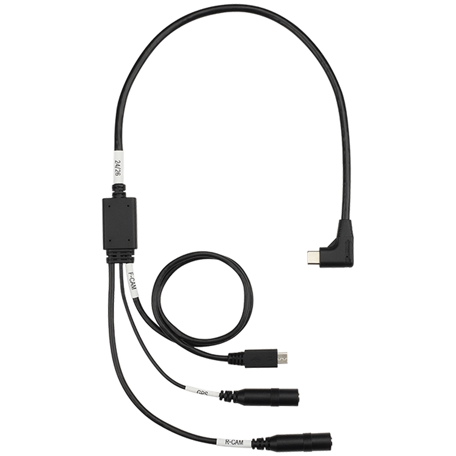 Un câble noir avec plusieurs connecteurs : USB-C, Micro-USB et deux ports caméra.