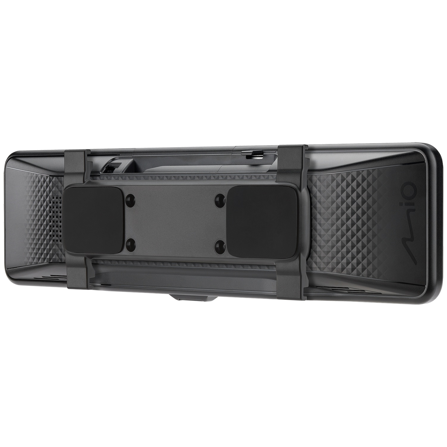 Arrière d'une dashcam noire avec support et motif texturé.