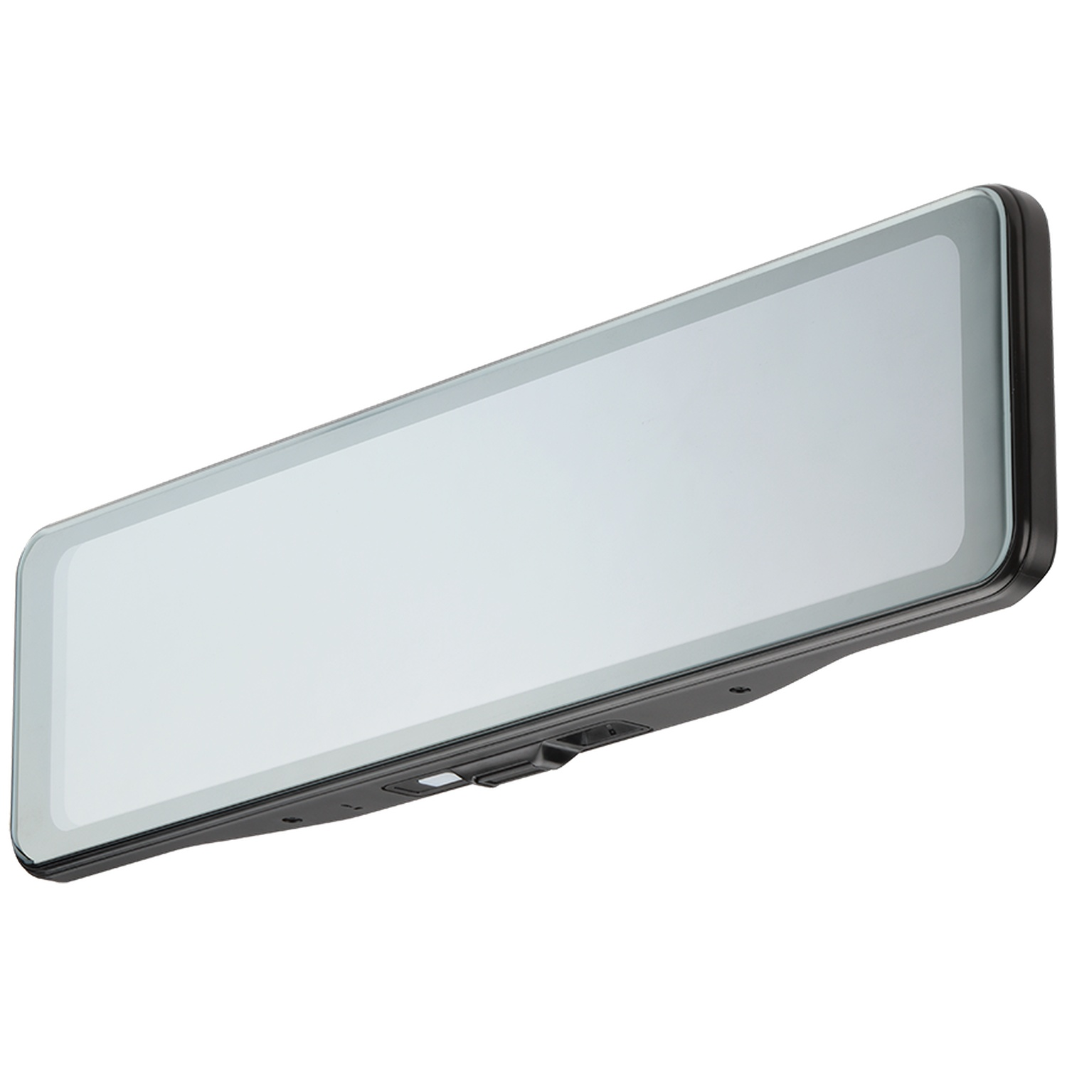 Un rétroviseur rectangulaire large avec cadre noir et écran gris.