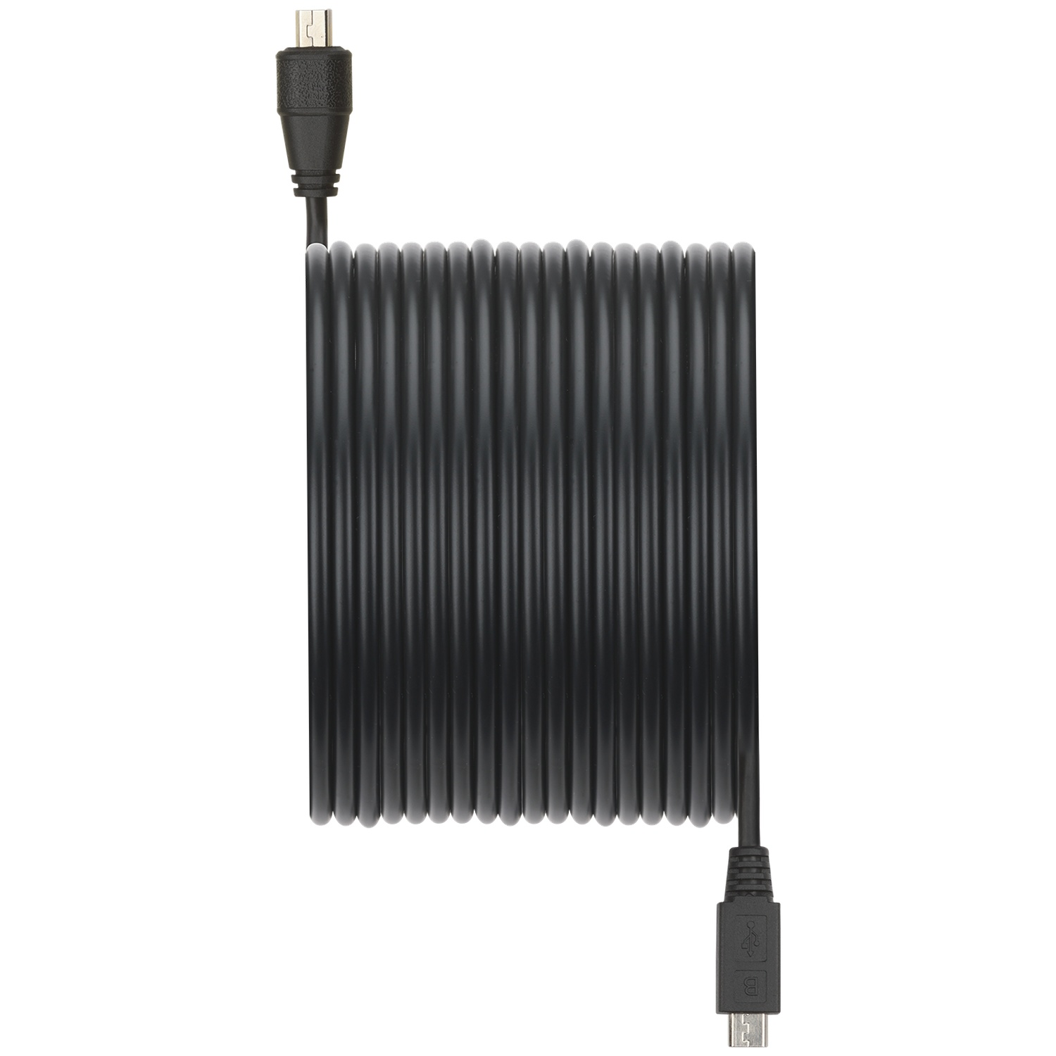Câble USB noir avec connecteur micro-USB, enroulé.