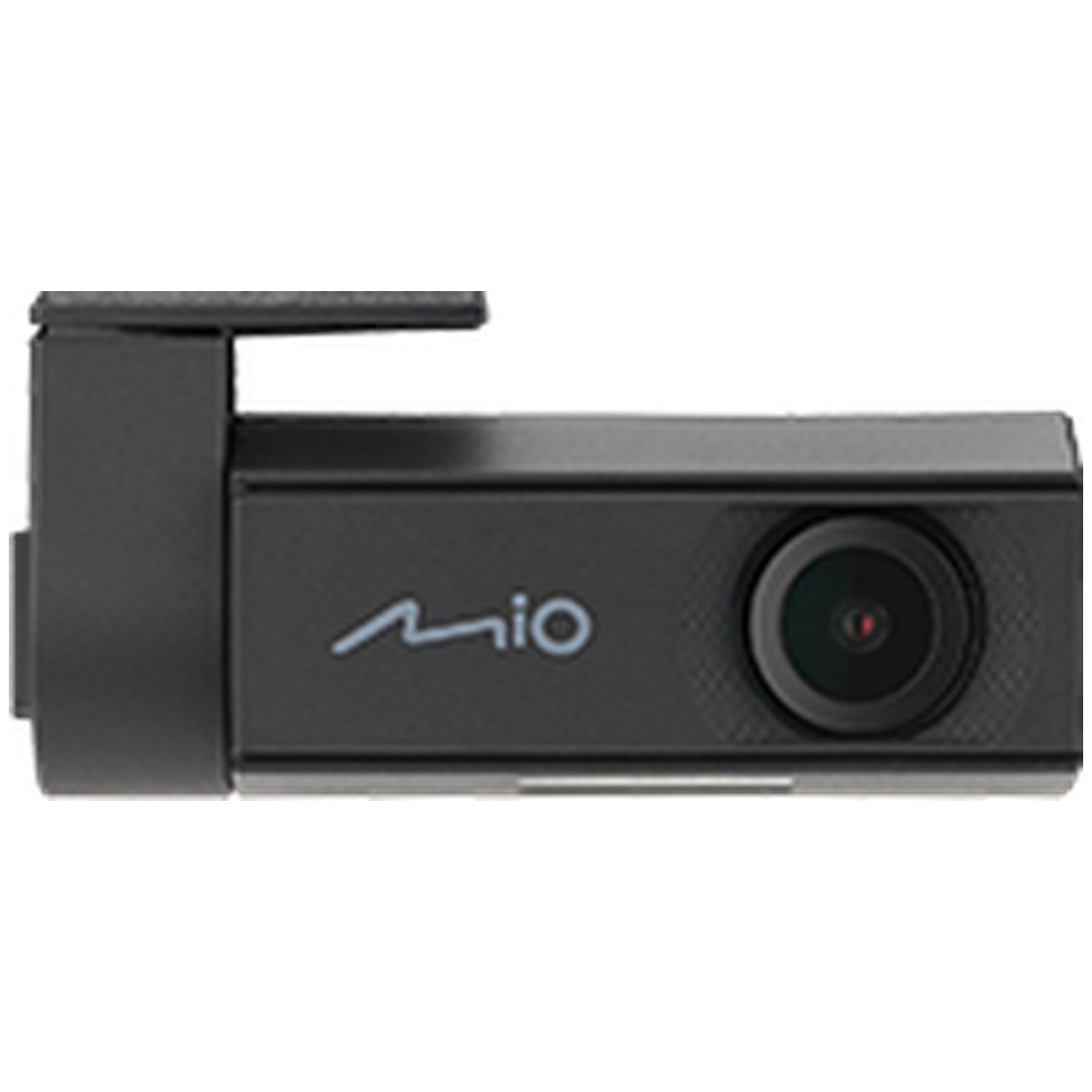 Une dashcam noire avec le logo "Mio" et un objectif.