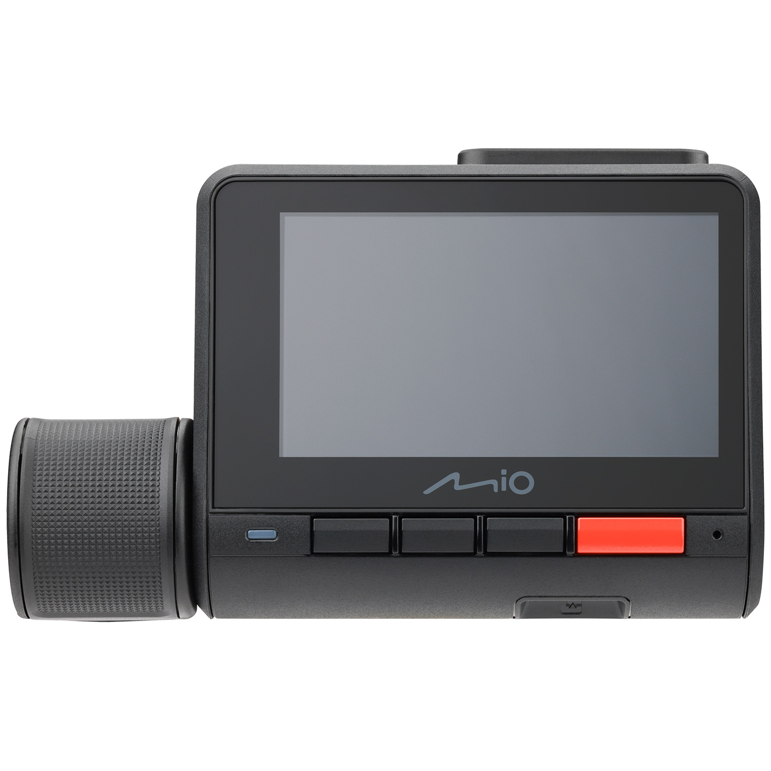 Un appareil de dashcam noir avec écran et objectif rotatif sur le côté.