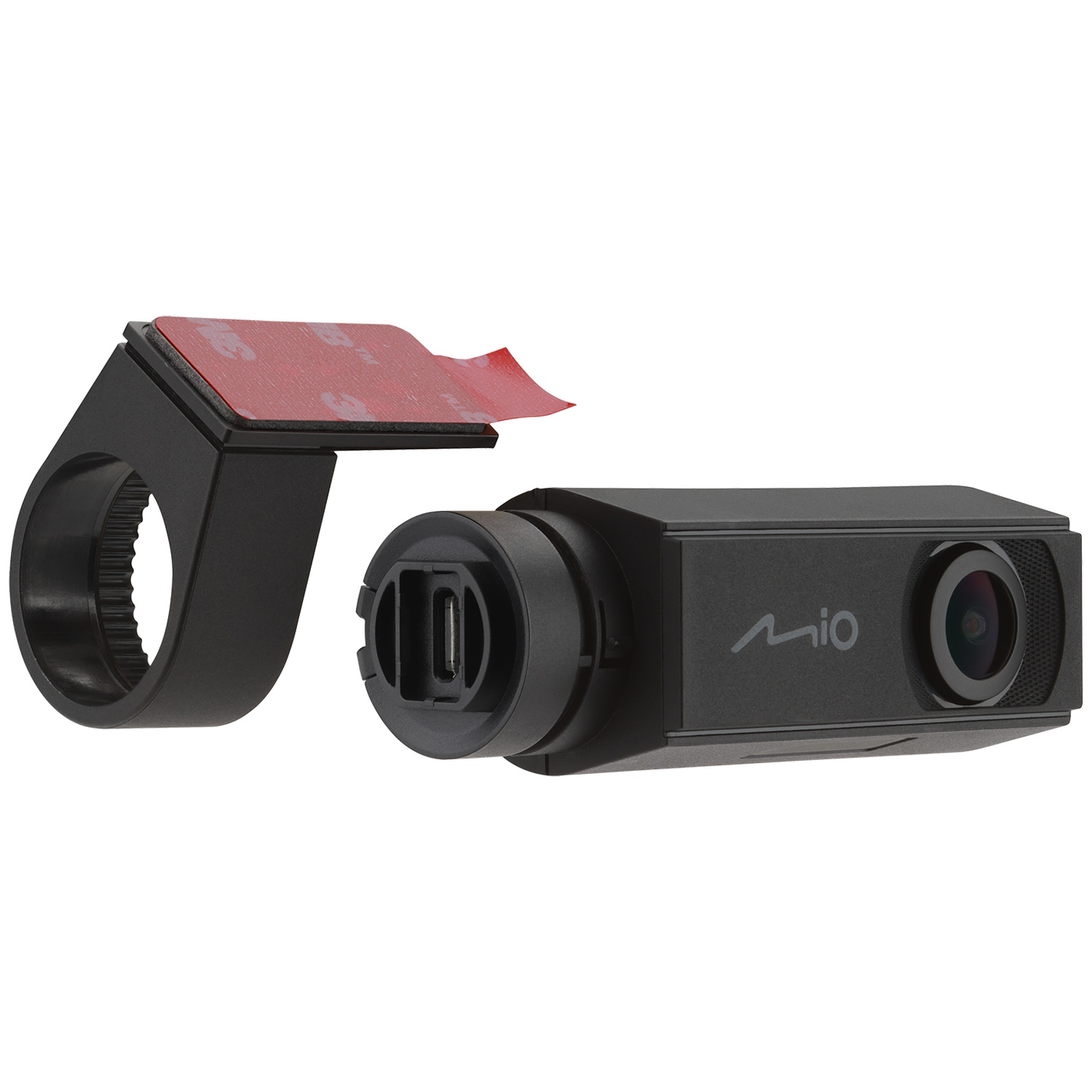 Un support de dashcam noir avec ruban adhésif et une petite dashcam noire.