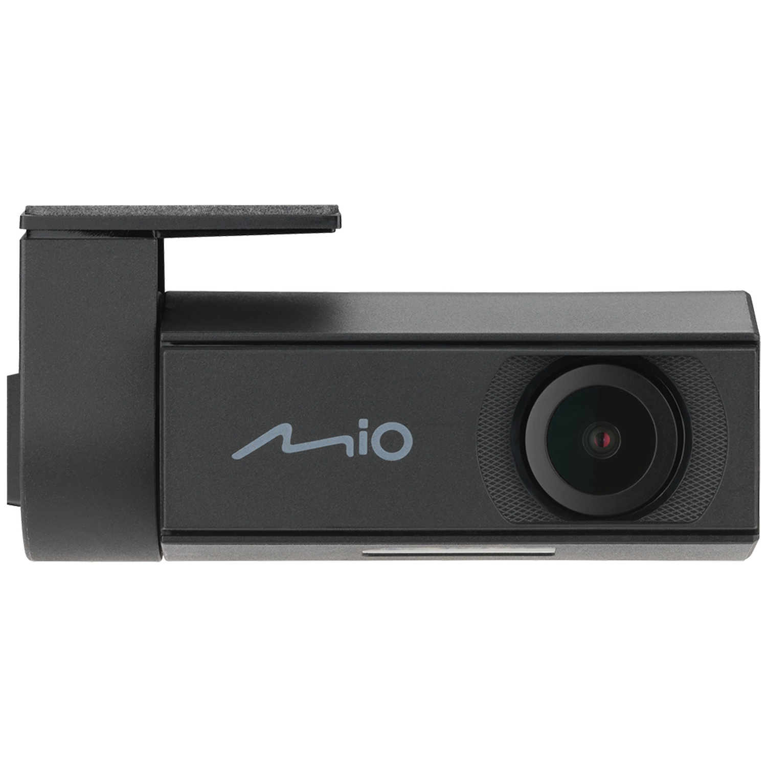 Une dashcam noire avec le logo Mio et une lentille.