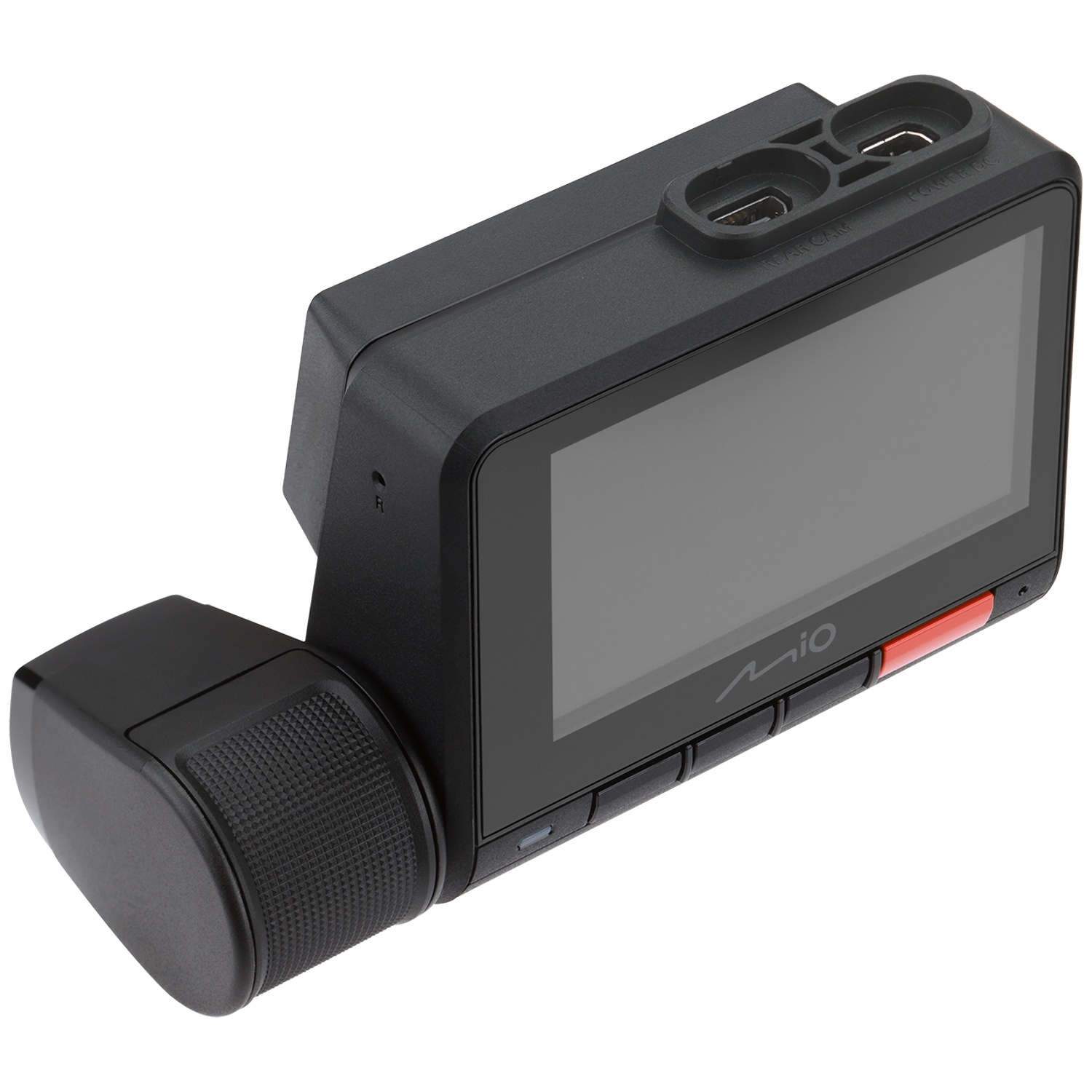 Une dashcam Mio noire avec écran et fixation de caméra arrière.
