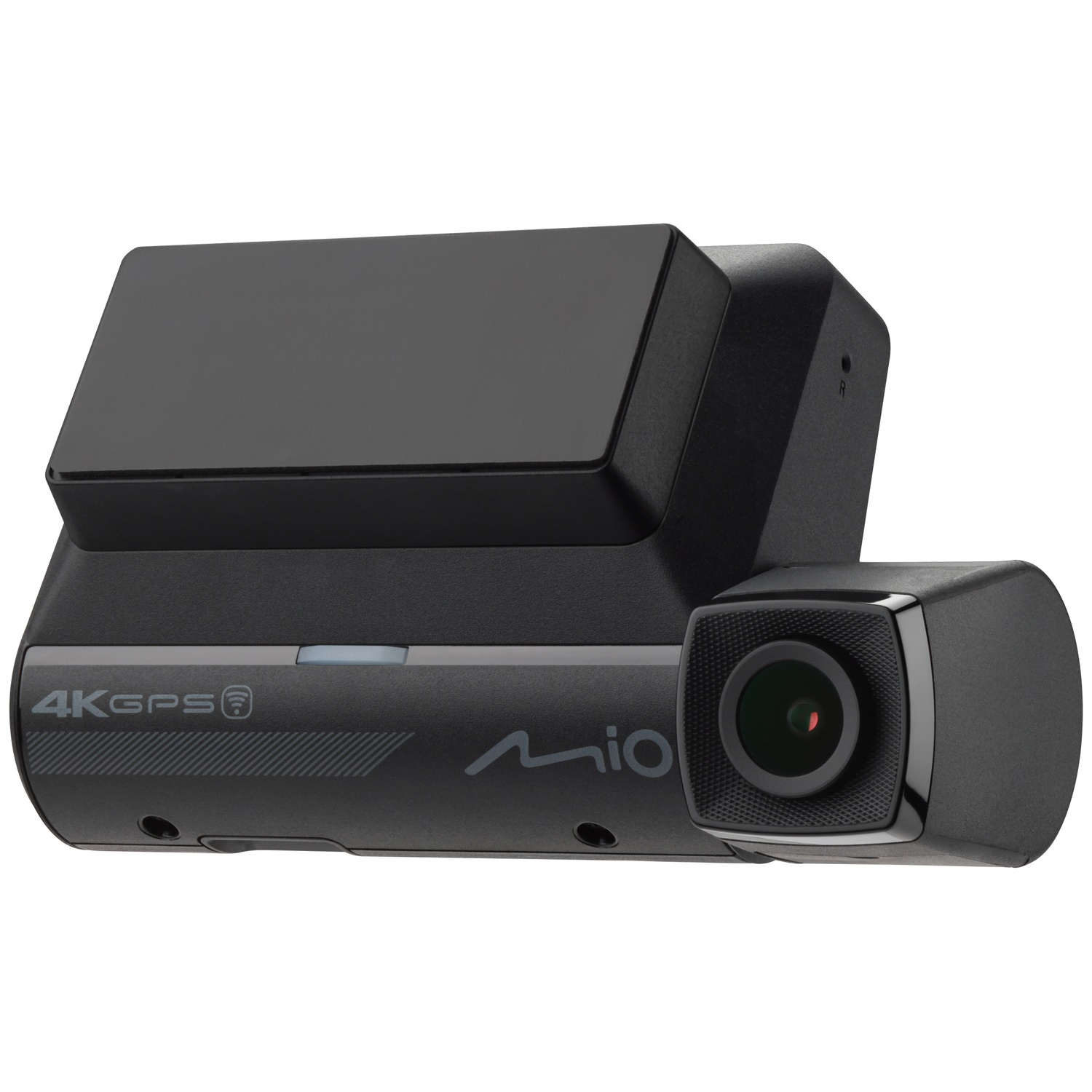 Caméra de tableau de bord noire avec marquage 4K GPS et logo MIO.