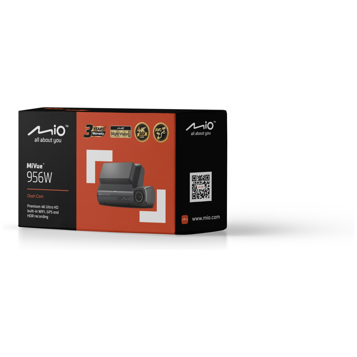 Boîte de la dashcam Mio MiVue 956W. Dispose de 4K Ultra HD, Vision Nocturne, WiFi, GPS.