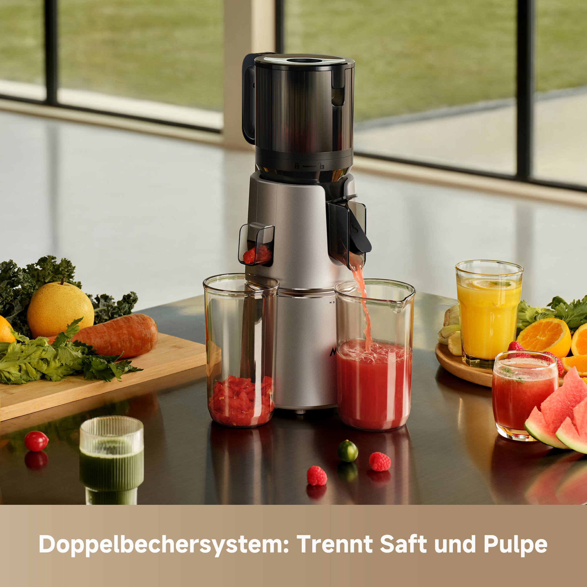 Ein Entsafter verarbeitet Obst und Gemüse zu Saft in Gläsern.