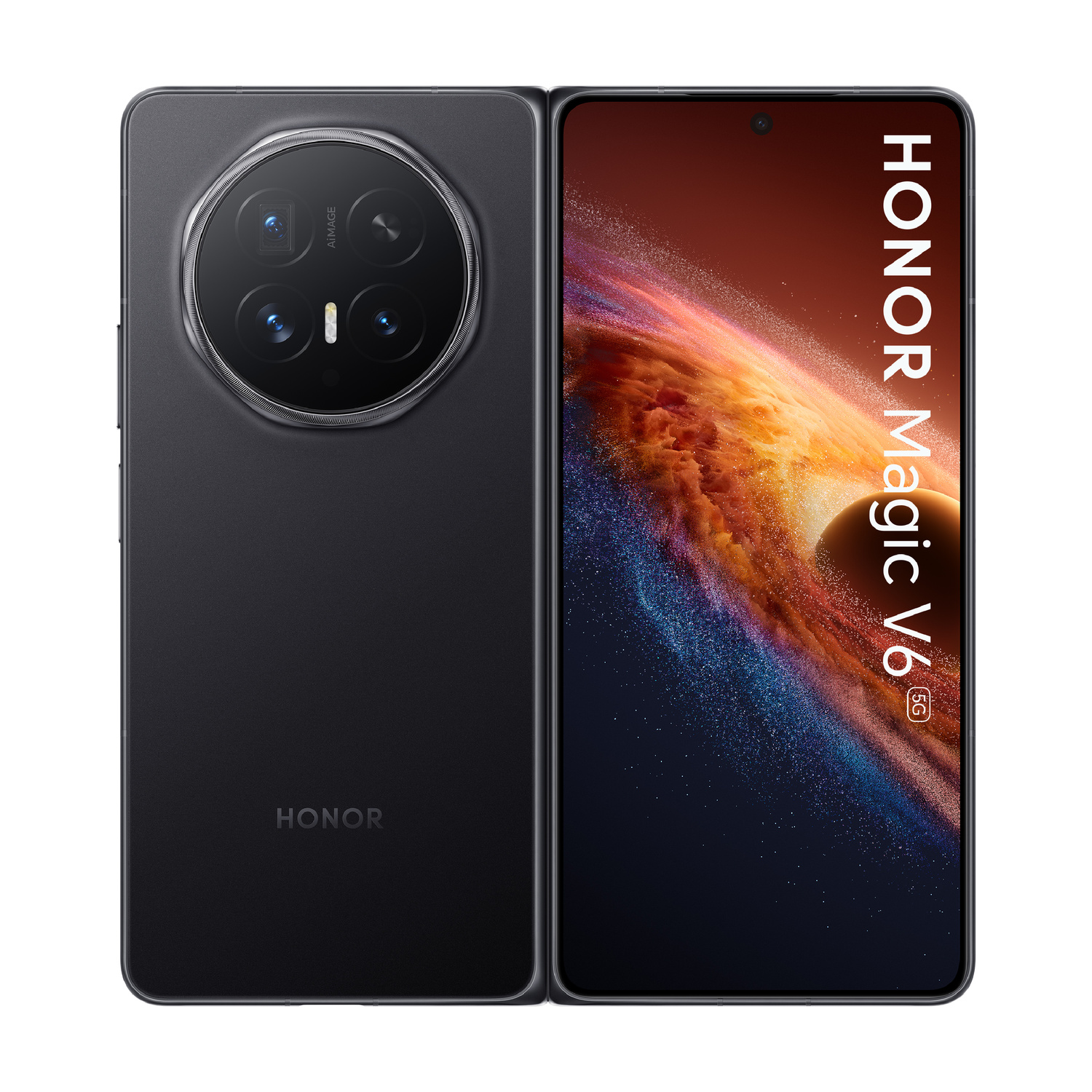 Smartphone Honor Magic V6 nero con modulo fotocamera e marchio.