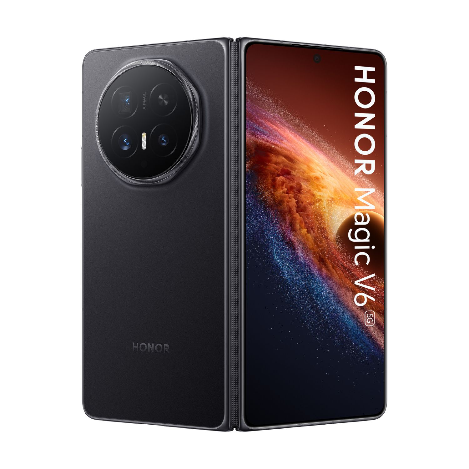 Uno smartphone pieghevole Honor Magic V6 nero con fotocamere posteriori e sullo schermo su sfondo bianco.