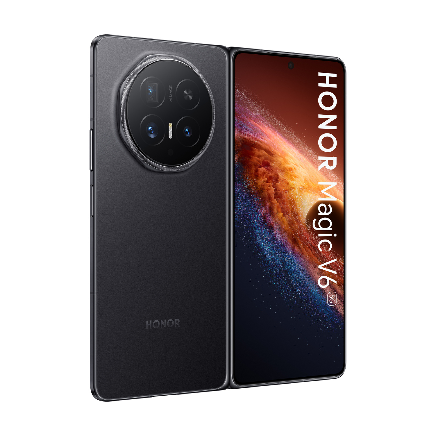 Uno smartphone Honor Magic V6 nero con isola della fotocamera rotonda e display luminoso.