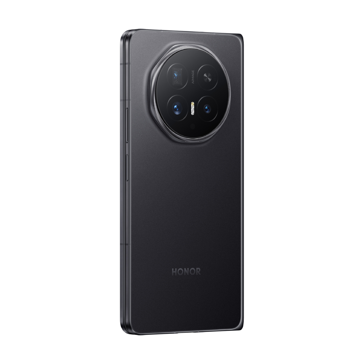 Smartphone Honor grigio scuro con modulo fotocamera rotondo sul retro.