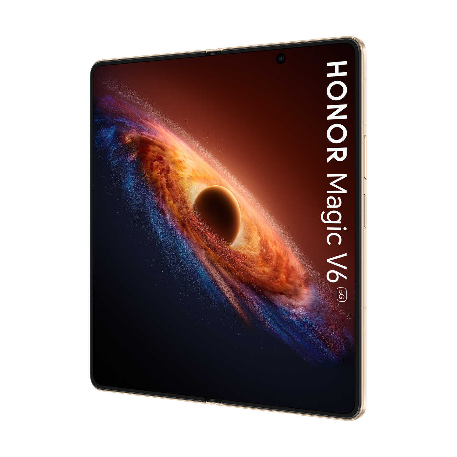 Uno smartphone pieghevole HONOR Magic V6 5G con sfondo cosmico.