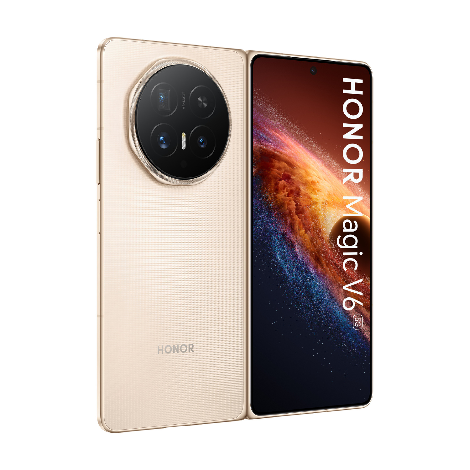 Smartphone Honor Magic V6 dorato con grande fotocamera circolare e marchio.