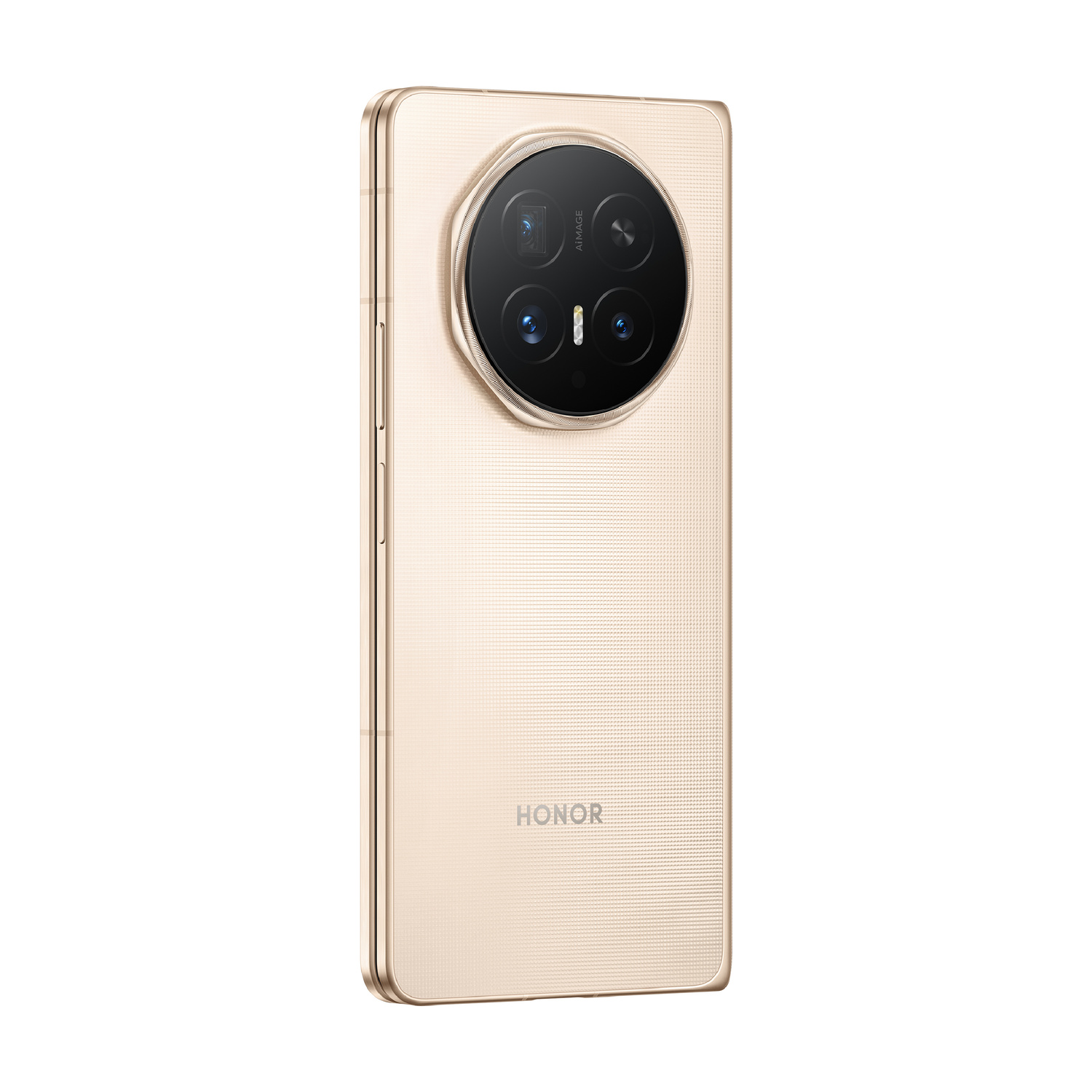 Uno smartphone Honor dorato con modulo fotocamera circolare sul retro.