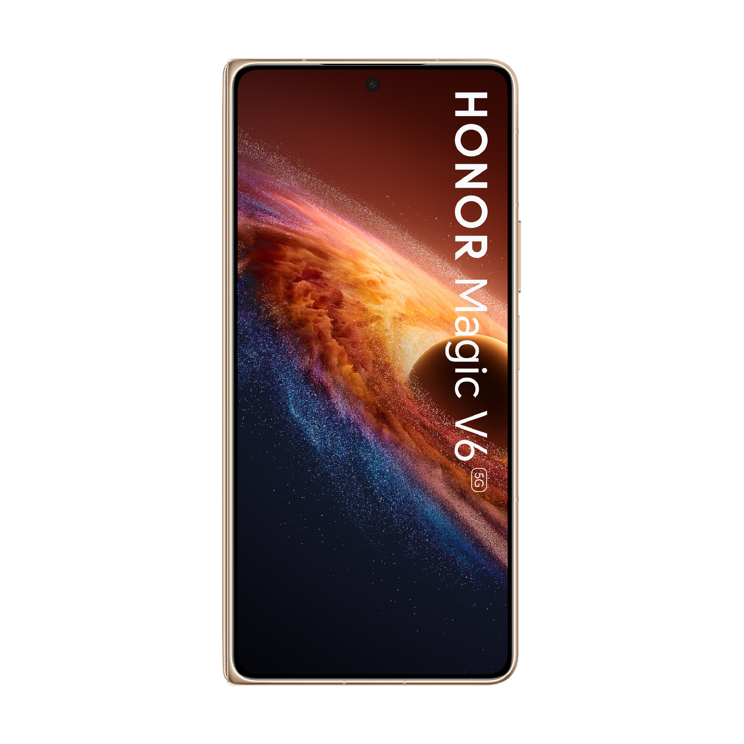 Un Honor Magic V6 5G dorato con sfondo cosmico.