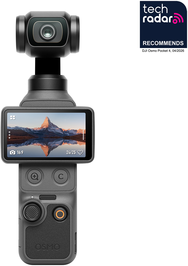 DJI Osmo Pocket 4 kamera hegyi tájjal a képernyőjén.