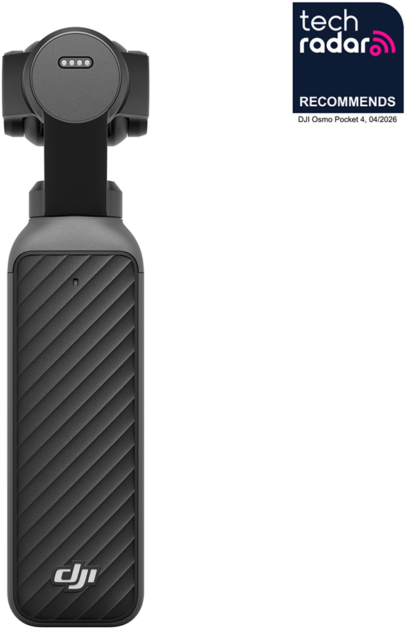 Fekete DJI Osmo Pocket 4 gimbal texturált markolattal és töltésjelzővel.