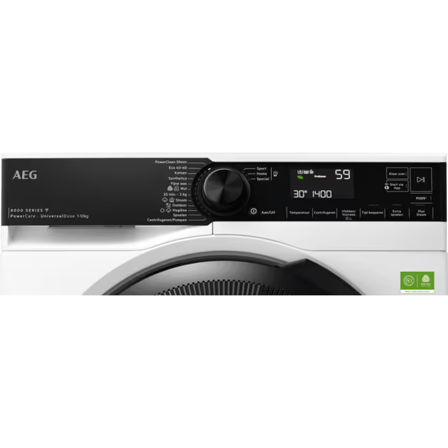 Een AEG wasmachine met een display waarop 30 graden, 1400 tpm en 59 minuten staan.