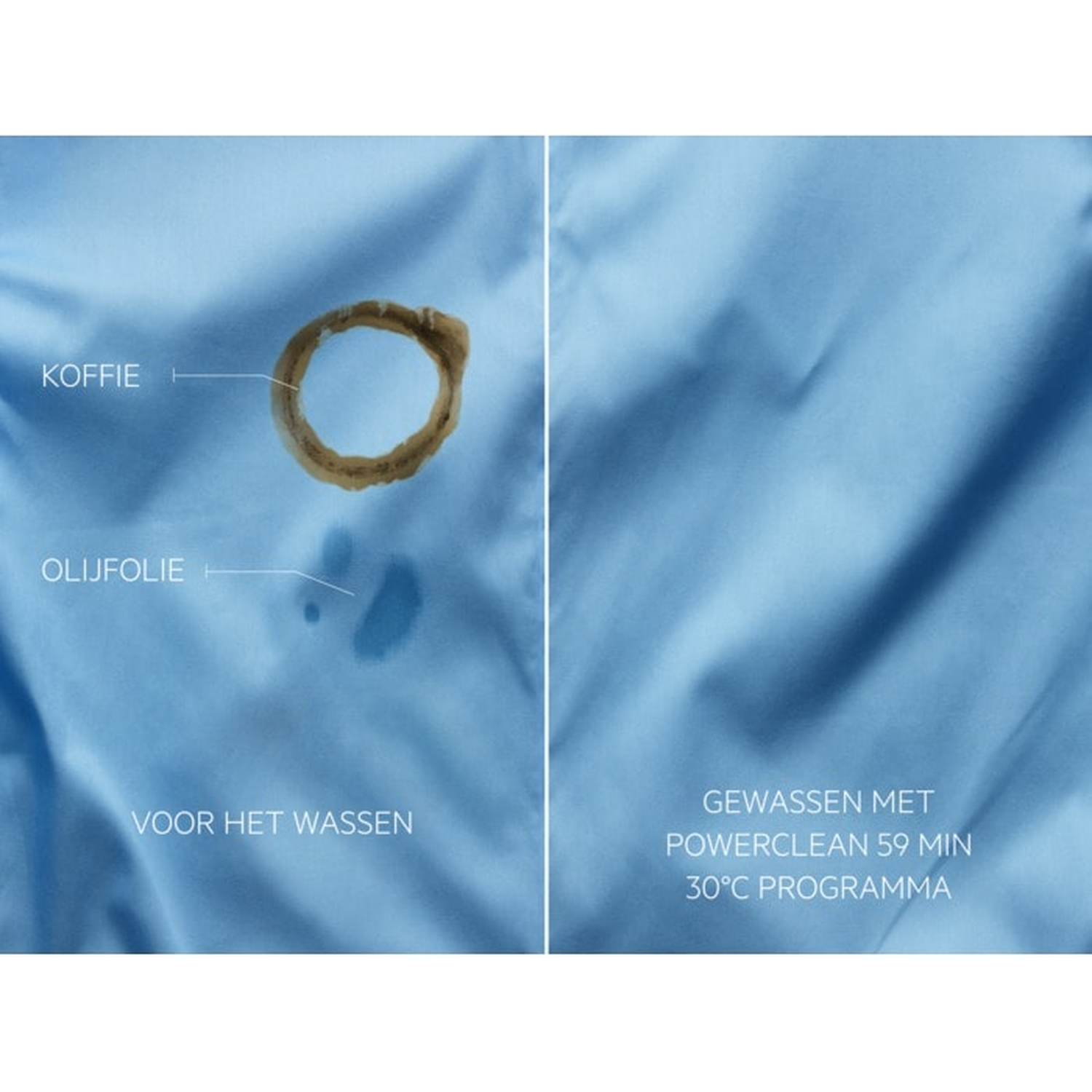 Voor/na vergelijking: Koffie- en olievlekken voor het wassen en schone textiel na het wassen.