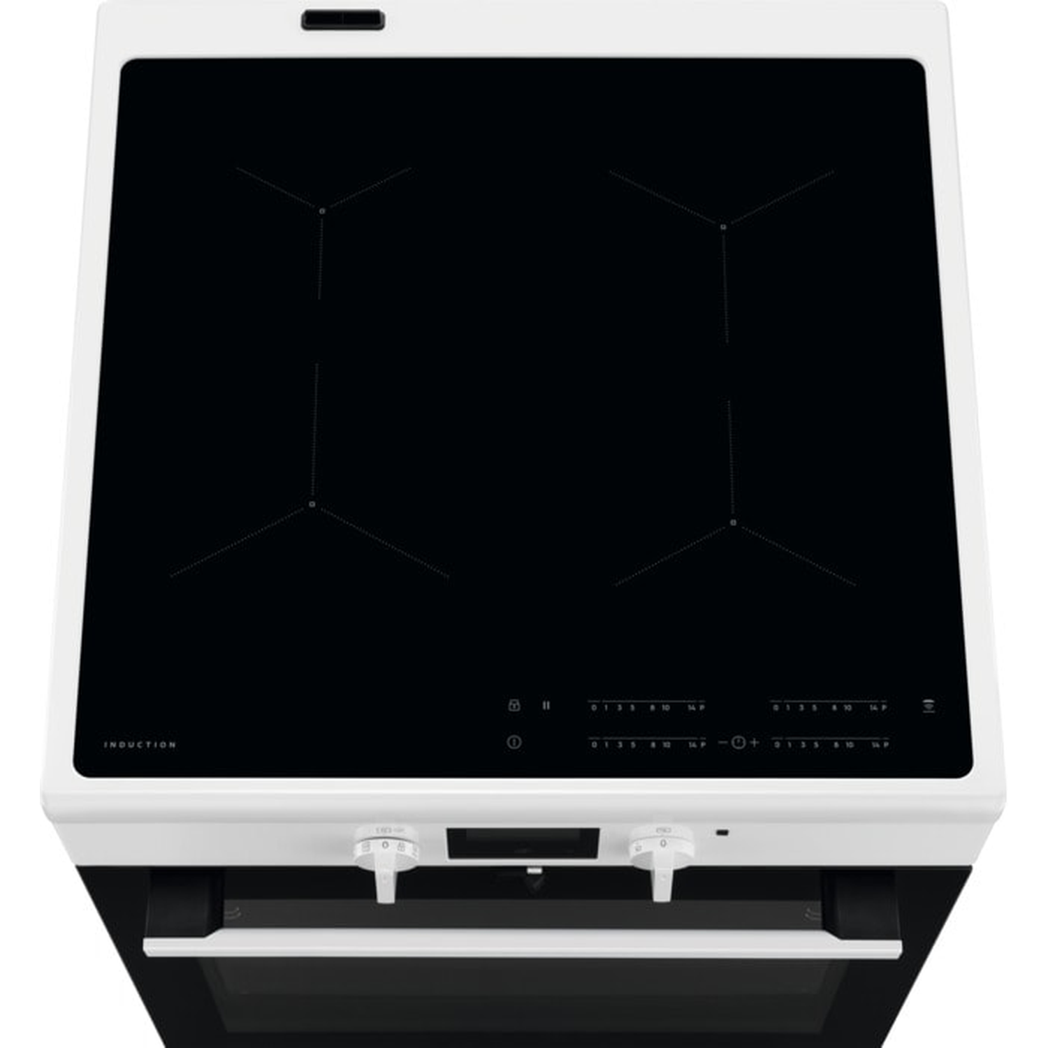 Wit inductie kookplaat met zwart keramisch glas en bedieningselementen.