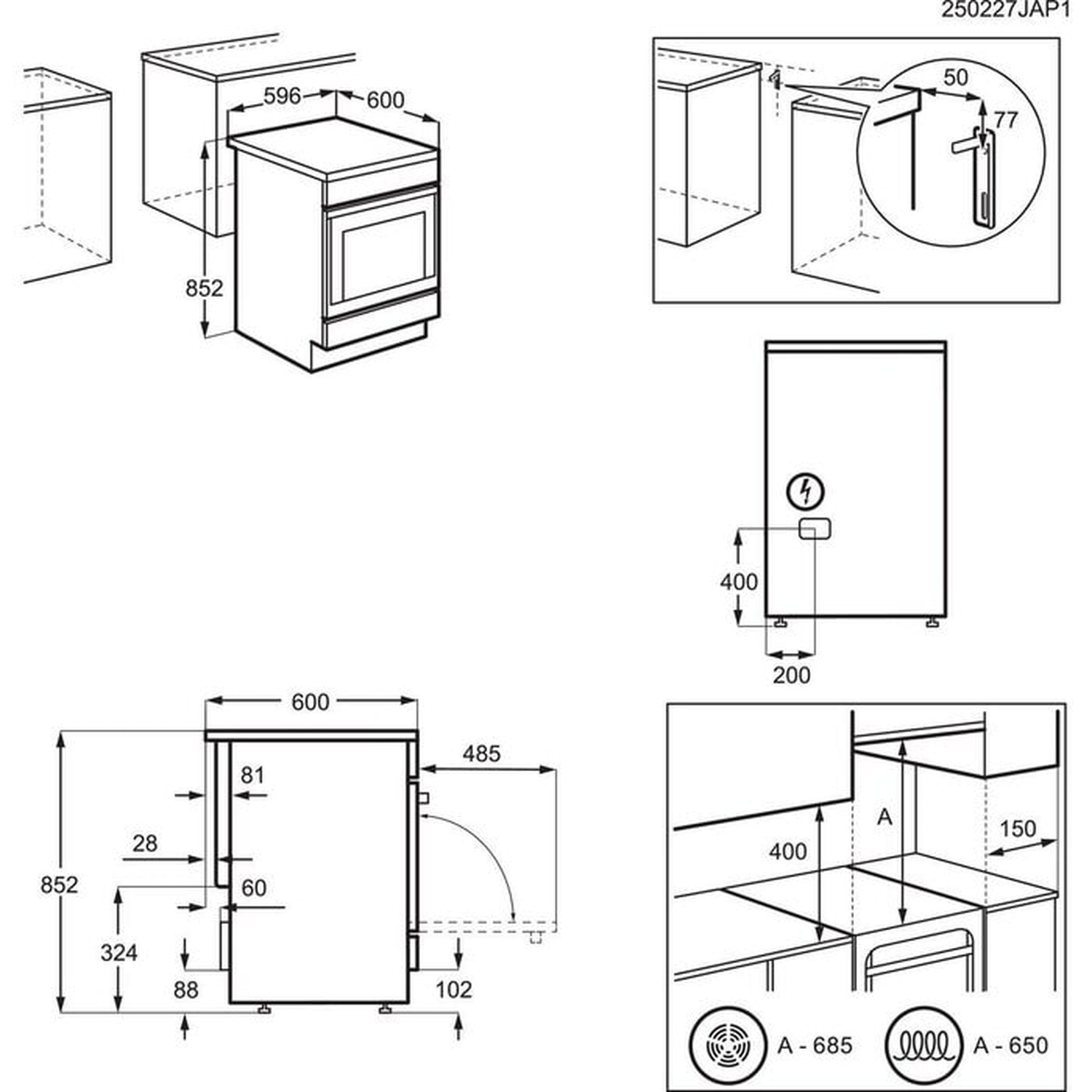Technische tekening van een inbouwapparaat met afmetingen en installatiedetails.