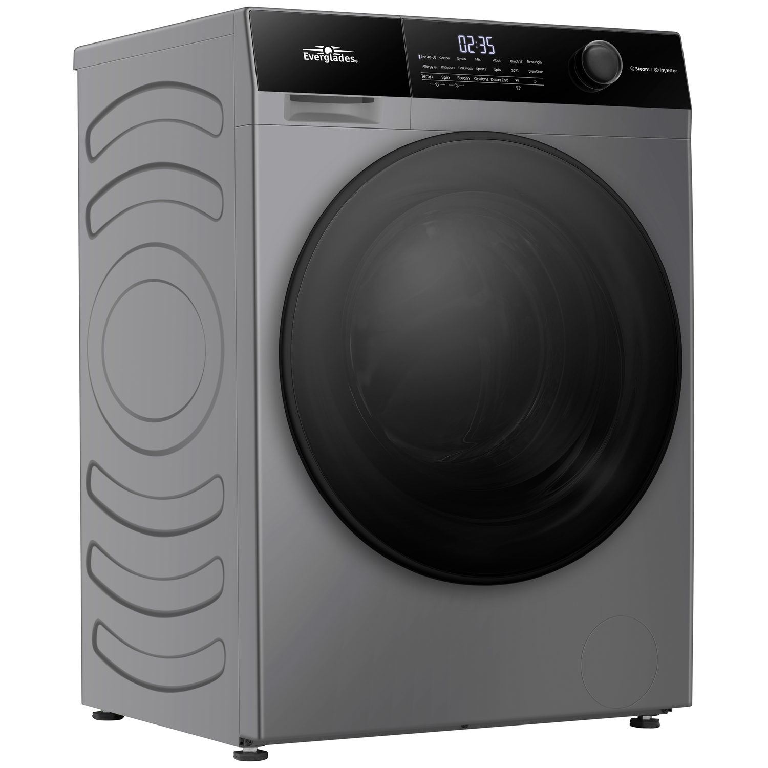 Grijze wasmachine met zwart deur en digitaal display, met diverse programma's.