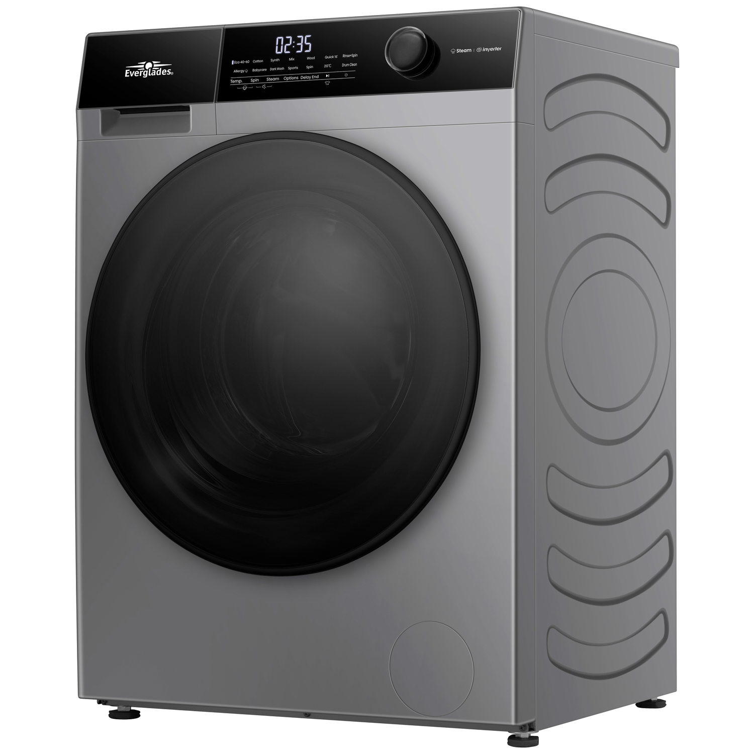 Grijze wasmachine met voorlader, zwart deur en digitaal display. Everglades logo.