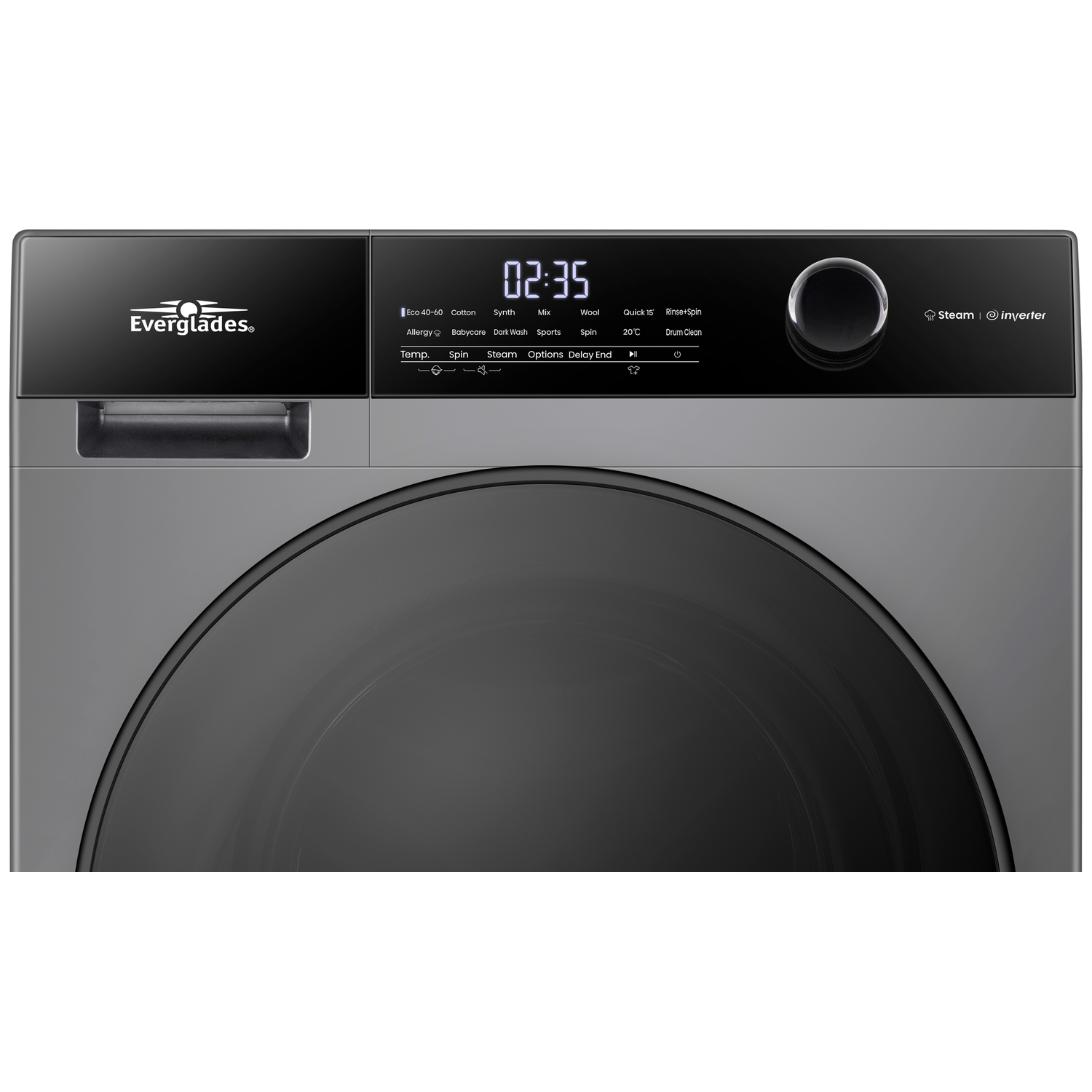 Grijze wasmachine met zwart bedieningspaneel met programma's en tijdweergave.