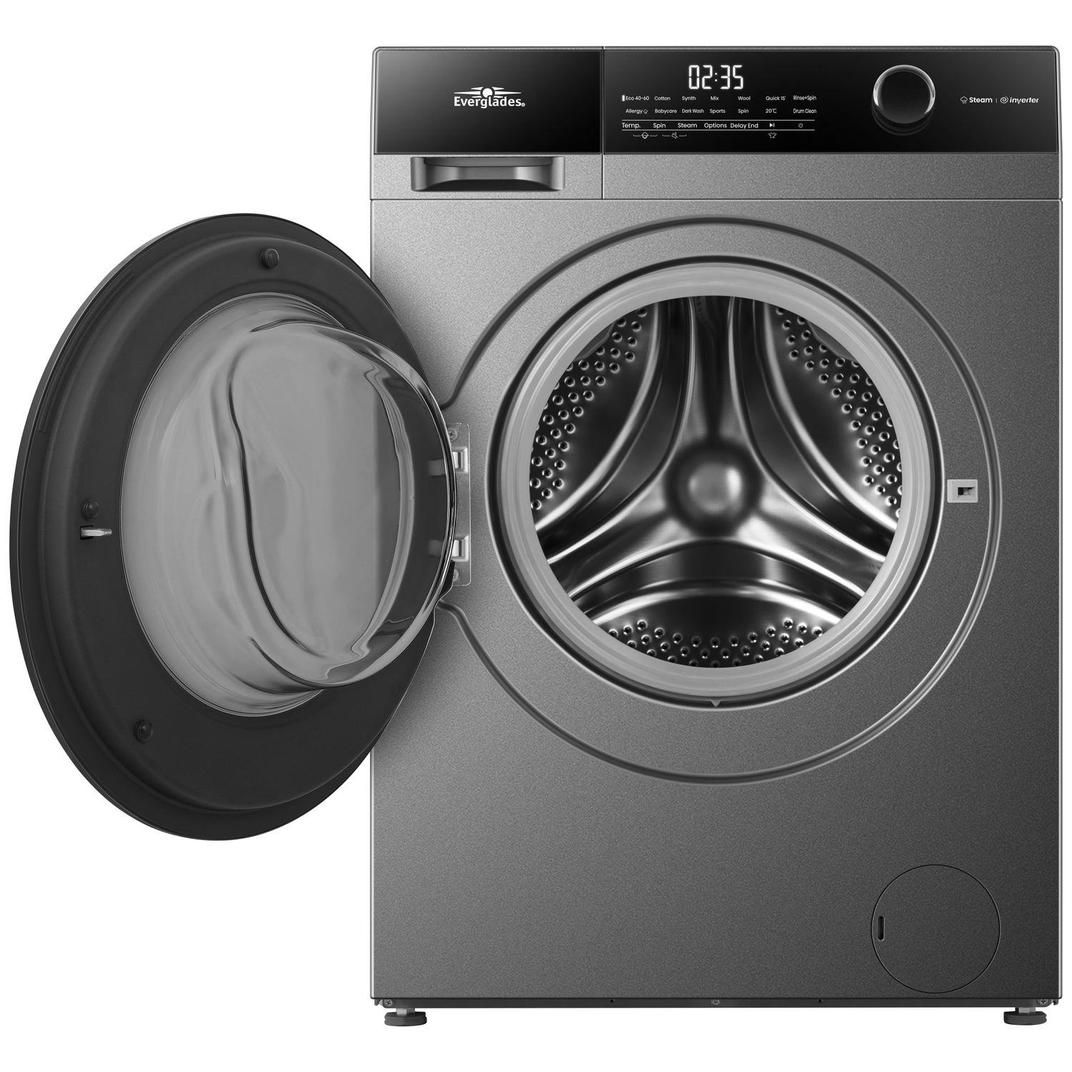 Een grijze wasmachine met de deur open, die een zilverkleurig trommelinterieur onthult.