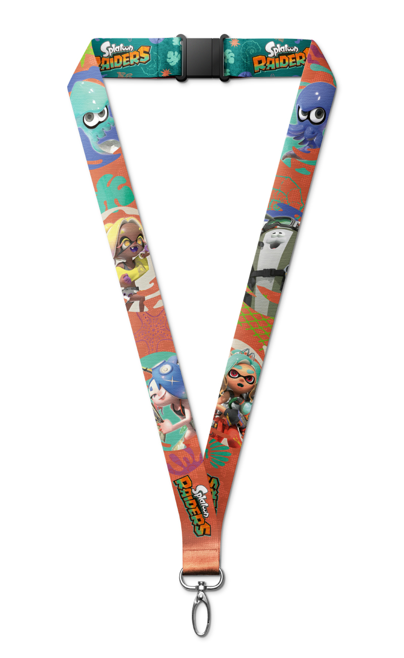 Smycz z postaciami, wzorami Splatoon i zapięciem na klamrę.