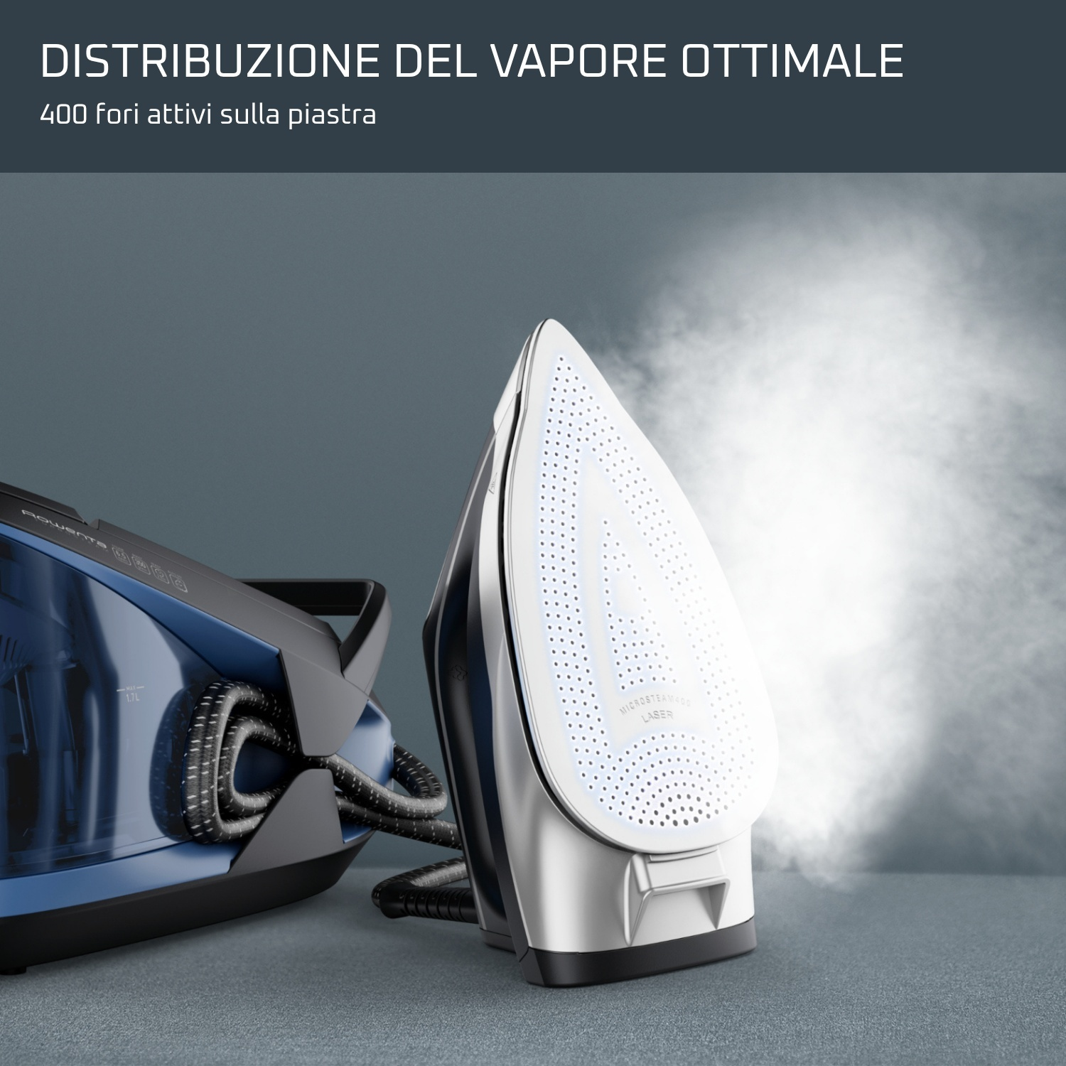 Un ferro da stiro a vapore e una stazione a vapore blu su una superficie grigia.
