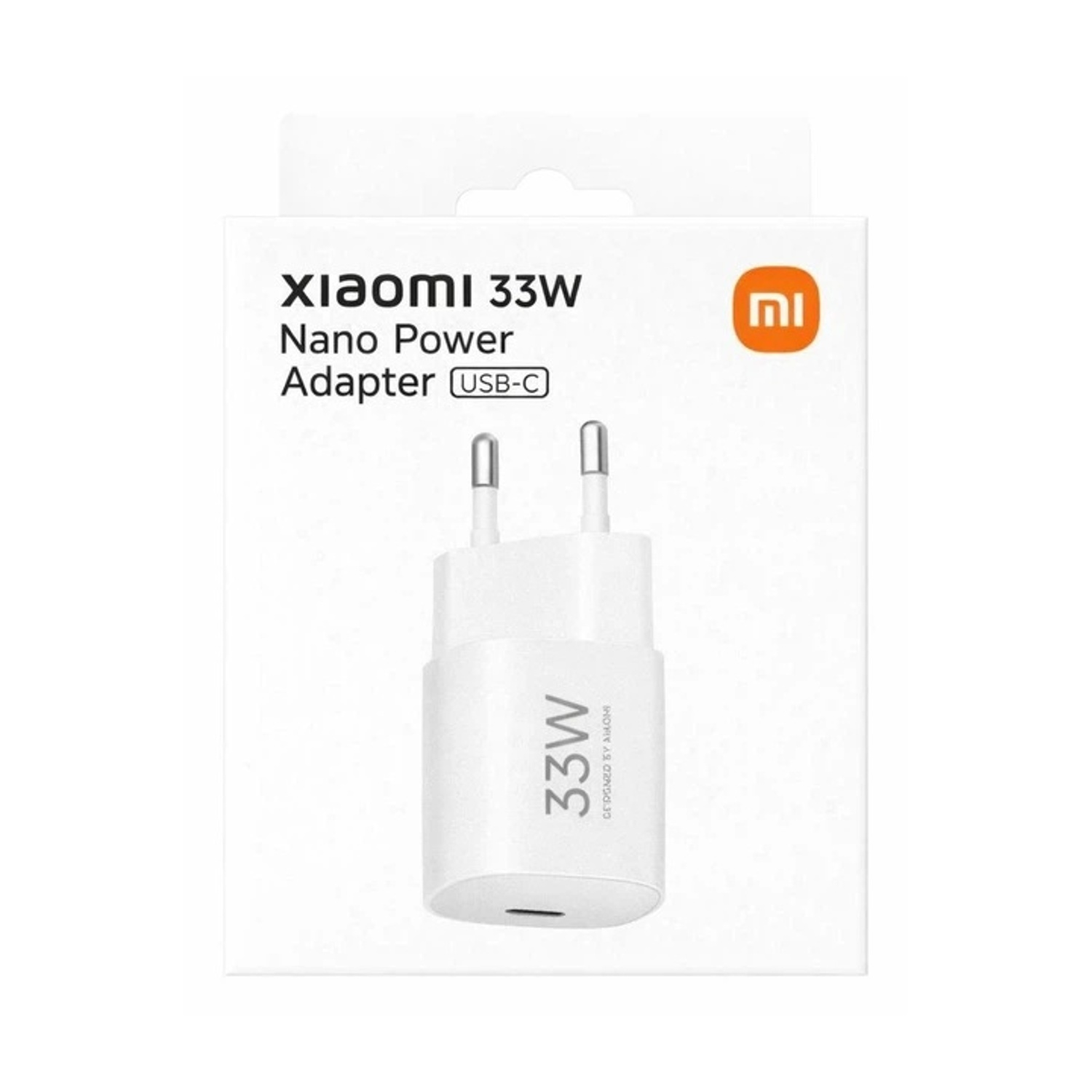 Adattatore di alimentazione bianco Xiaomi 33W Nano con porta USB-C e due pin.