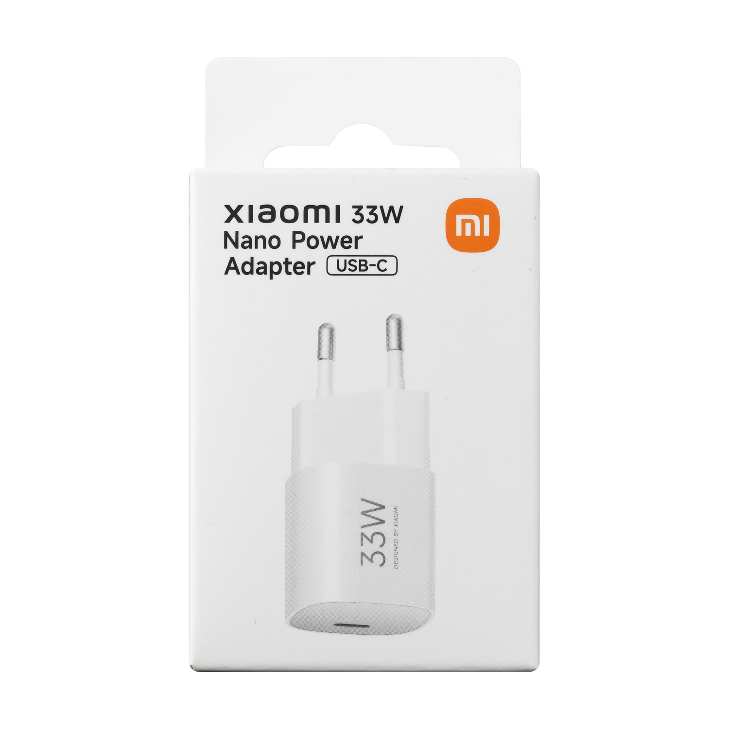 Confezione bianca adattatore Xiaomi Nano 33W con USB-C.