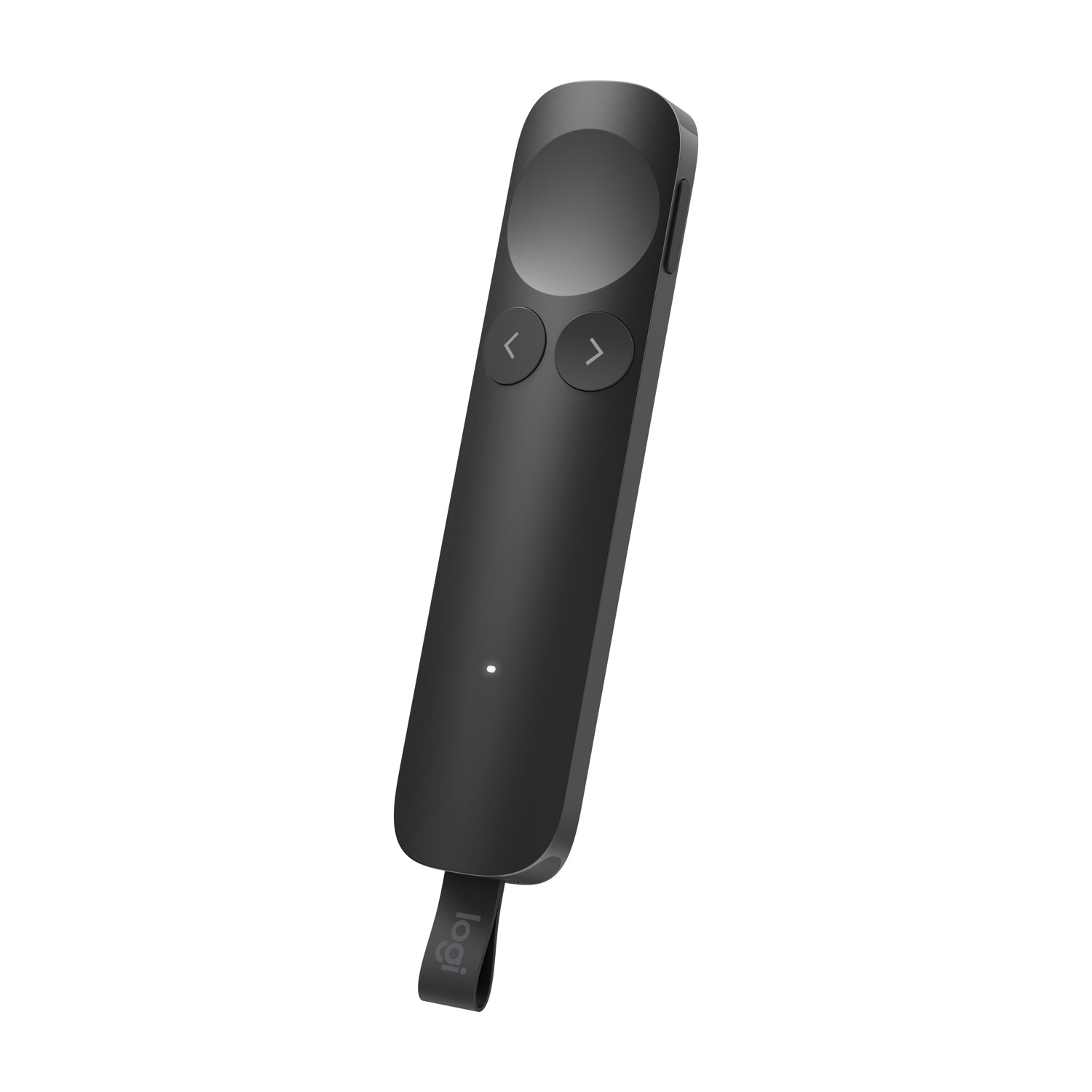 Presentatore Logitech nero con superficie touch, pulsanti freccia avanti/indietro.