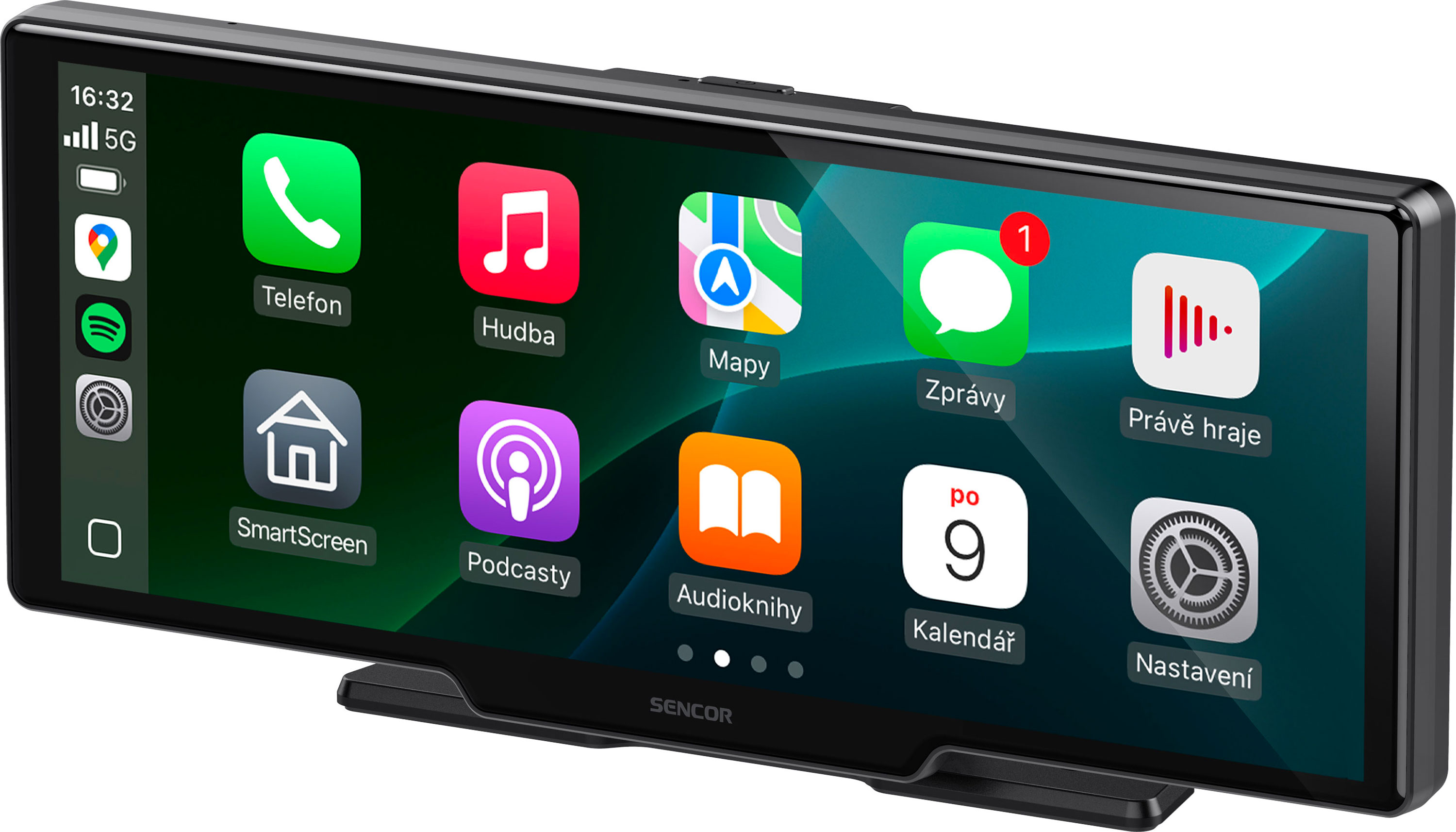 Okostelefon kijelző alkalmazásikonokkal: telefon, zene és térképek.