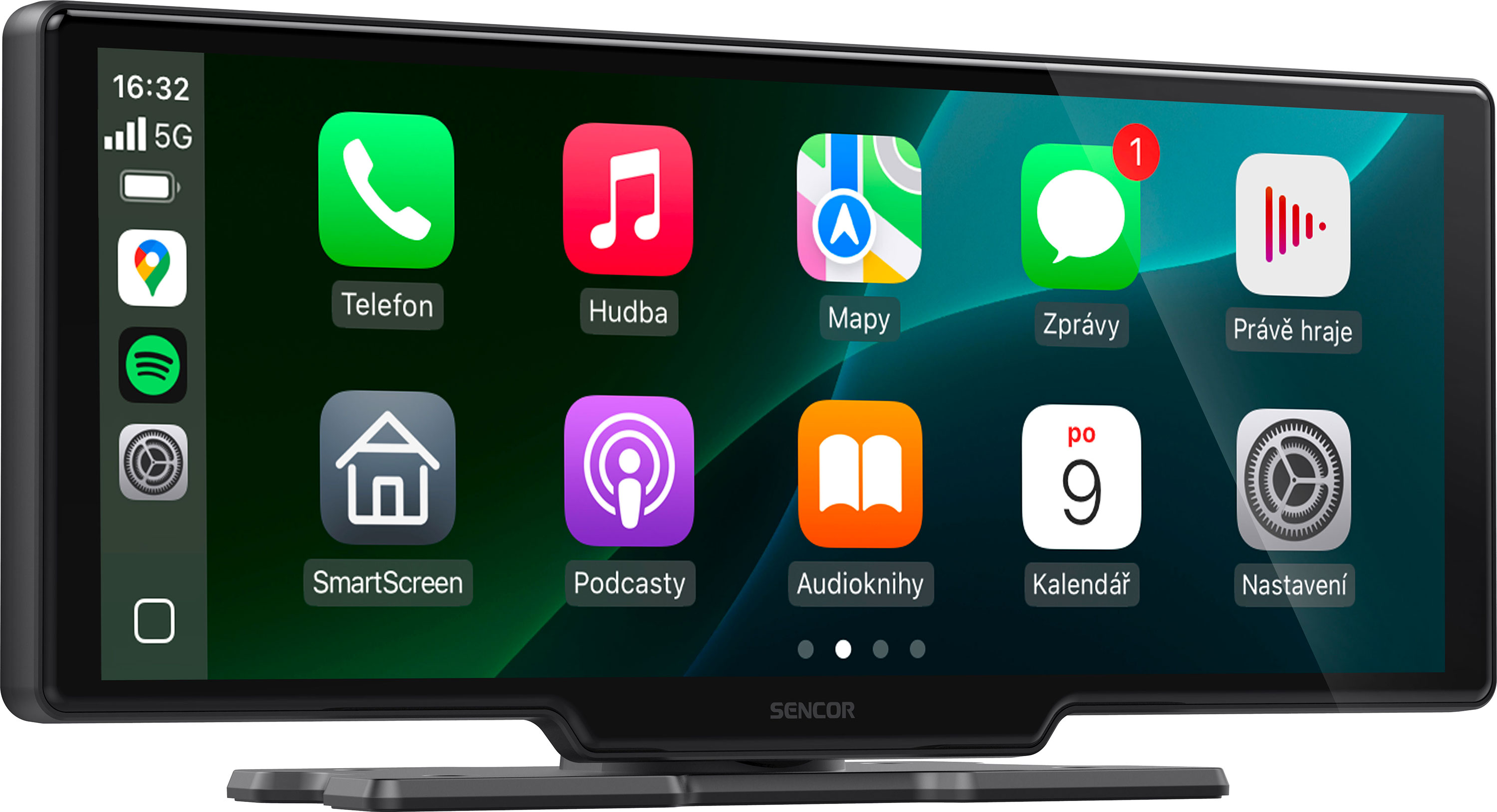 Egy autóhifi képernyőjén olyan alkalmazásikonok láthatók, mint a telefon, zene, térképek és üzenetek.