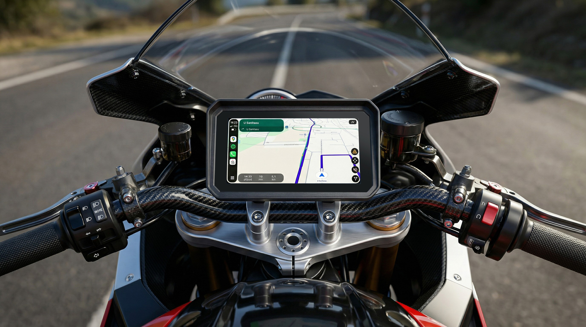Motorkerékpár-vezetőfülke navigációs képernyővel, útvonalat mutatva.