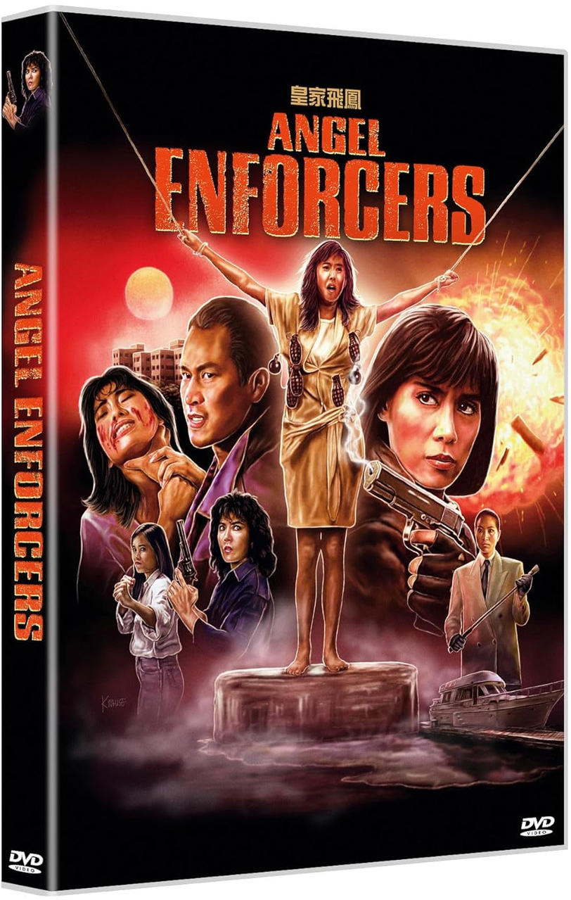 Action-Filmplakat: Frauen mit Waffen, Explosionen und ein Mann im Anzug.