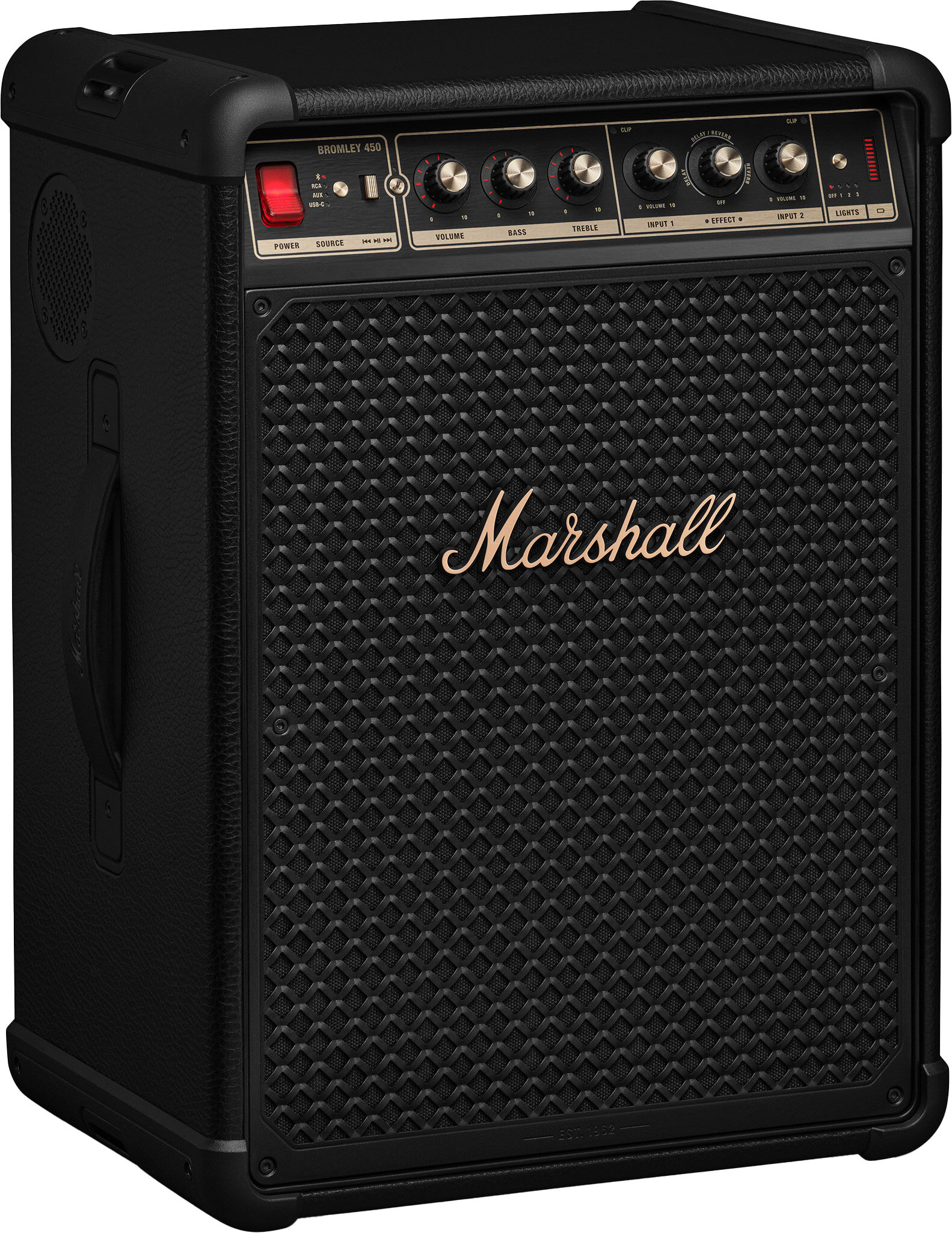 Czarny wzmacniacz Marshall BROMLEY 450 ze srebrnymi gałkami i logo Marshall.