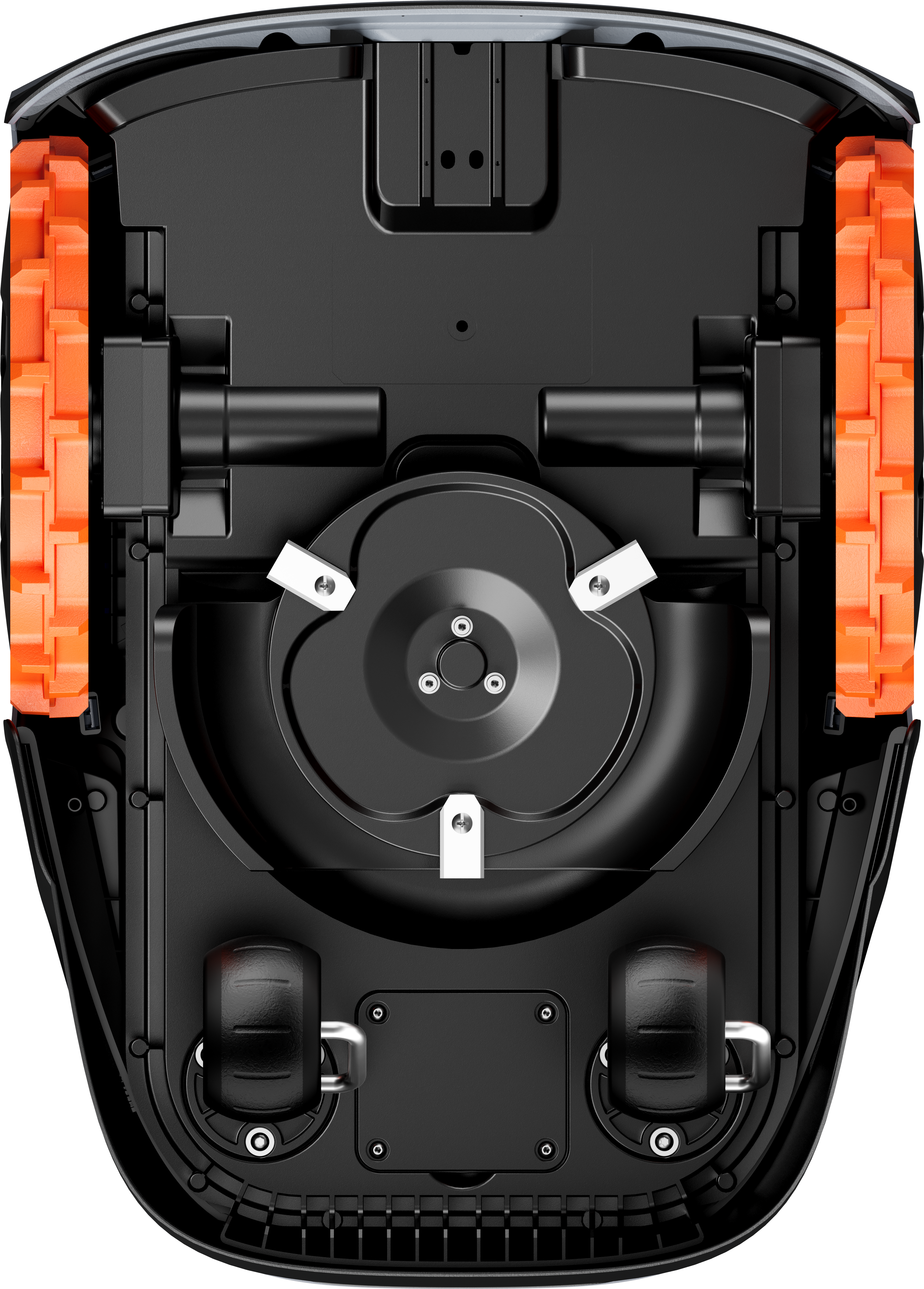 Unterseite eines Mähroboters mit großen orangen Rädern und einem Schneidemechanismus.