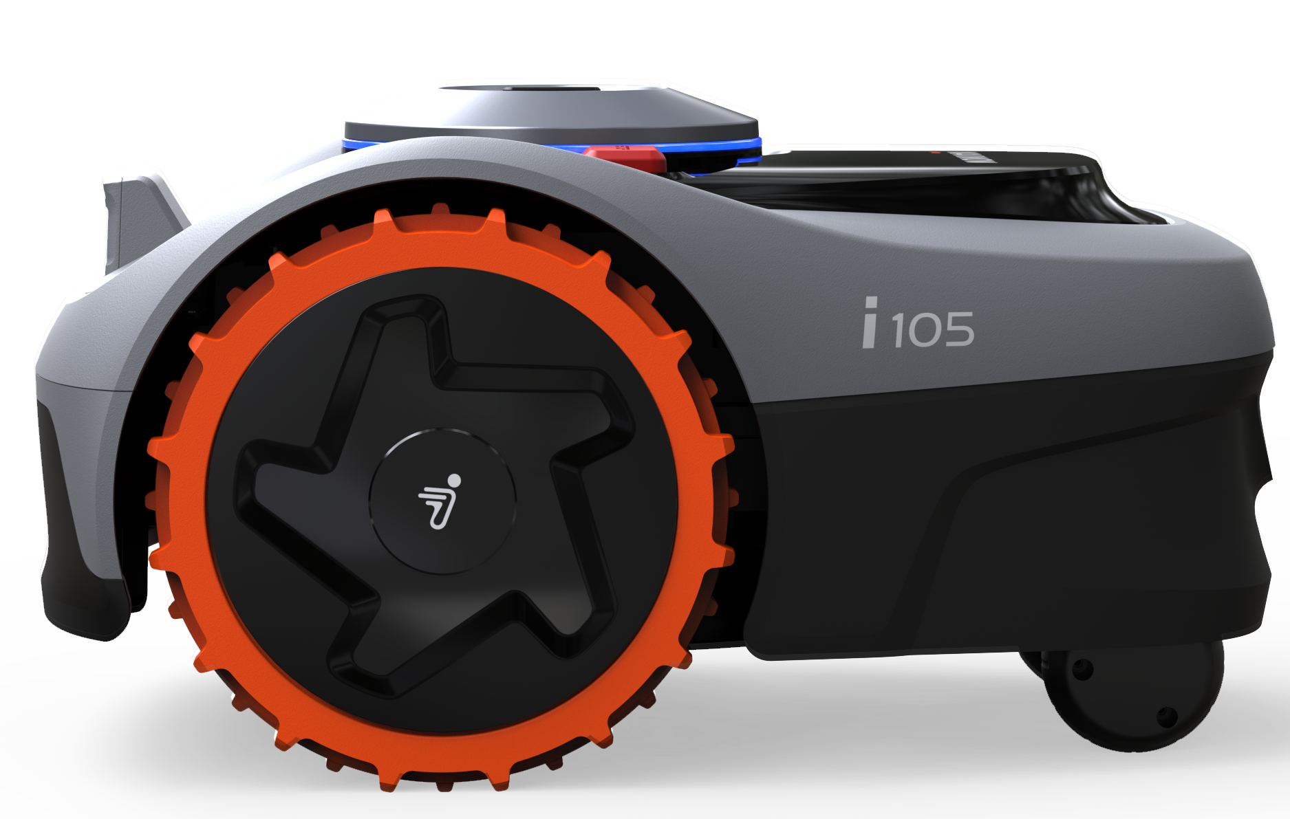 Grauer Rasenmähroboter mit orangefarbenem Rad und schwarzem Detail.