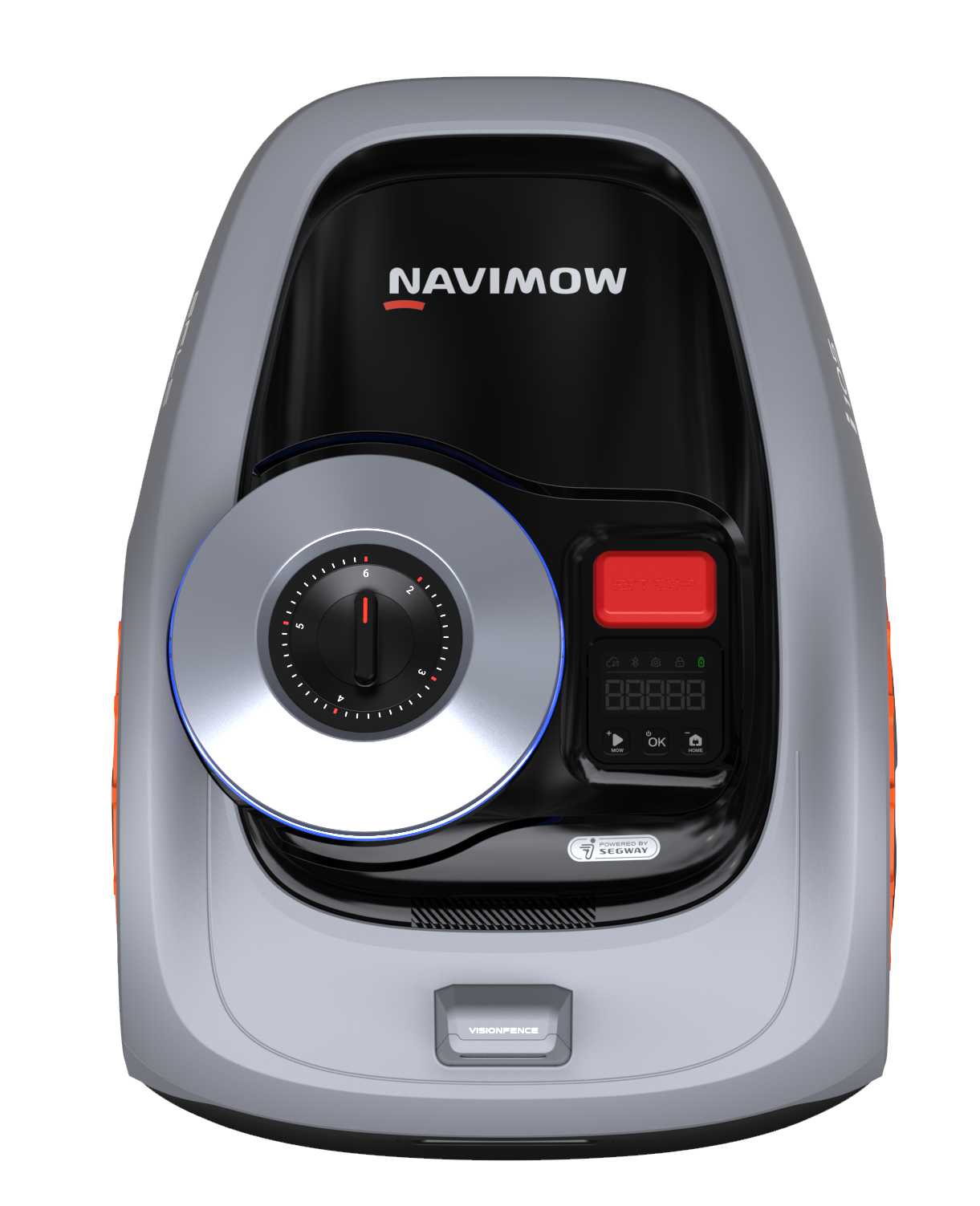 Grauer Mähroboter mit Navimow-Logo, Drehregler und Display auf schwarzem Hintergrund.