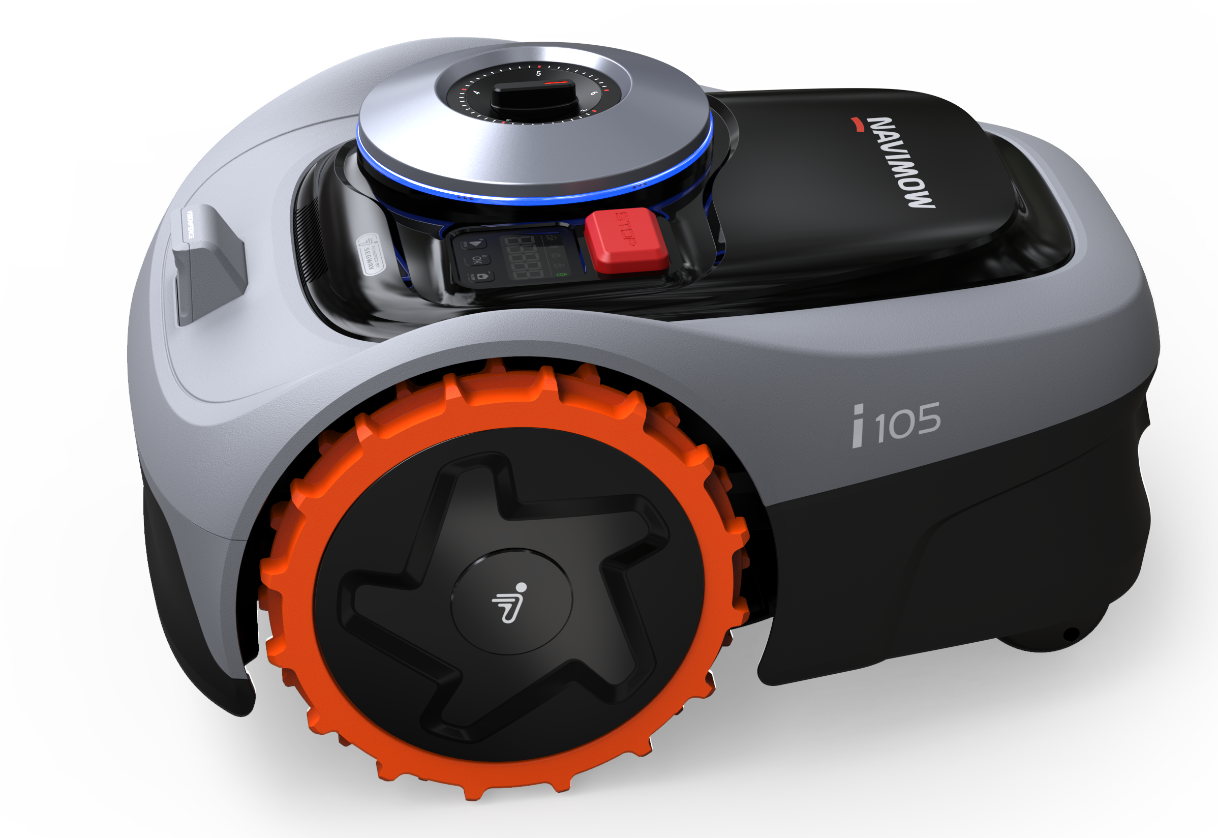 Ein weißer und schwarzer Navimow i105 Mähroboter mit orangem Rad auf schwarzem Hintergrund.