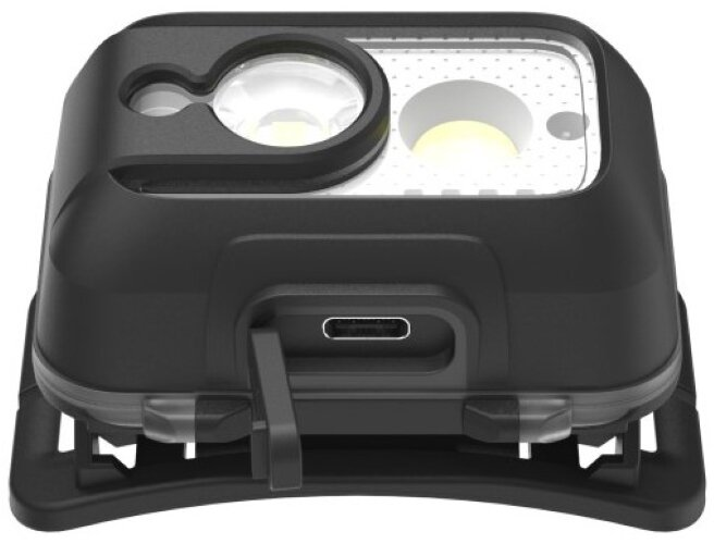 Czarna latarka czołowa z portem USB-C i dwoma światłami.